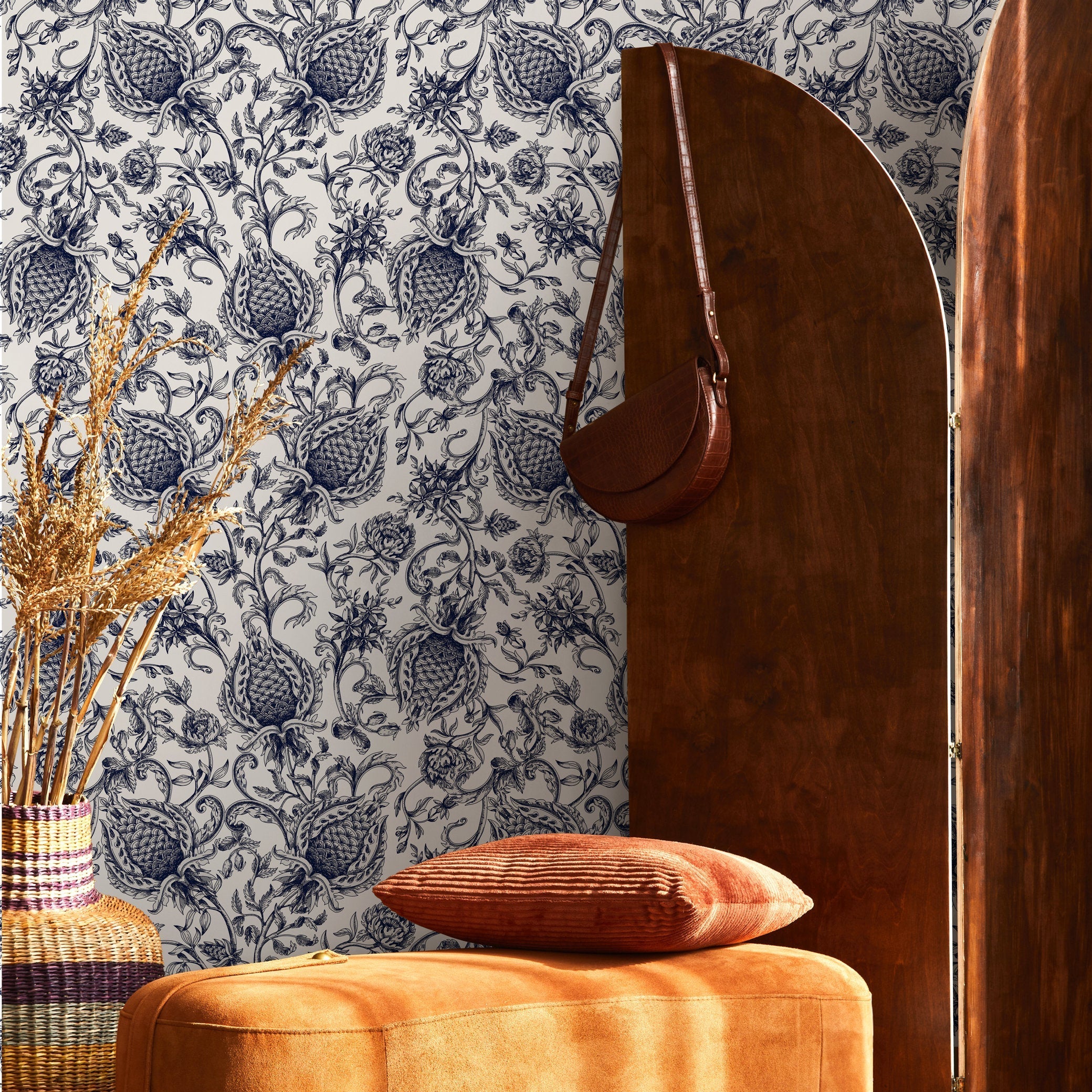 Vintage Floral Wallpaper With A Damask Motif In Navy Blue - B310