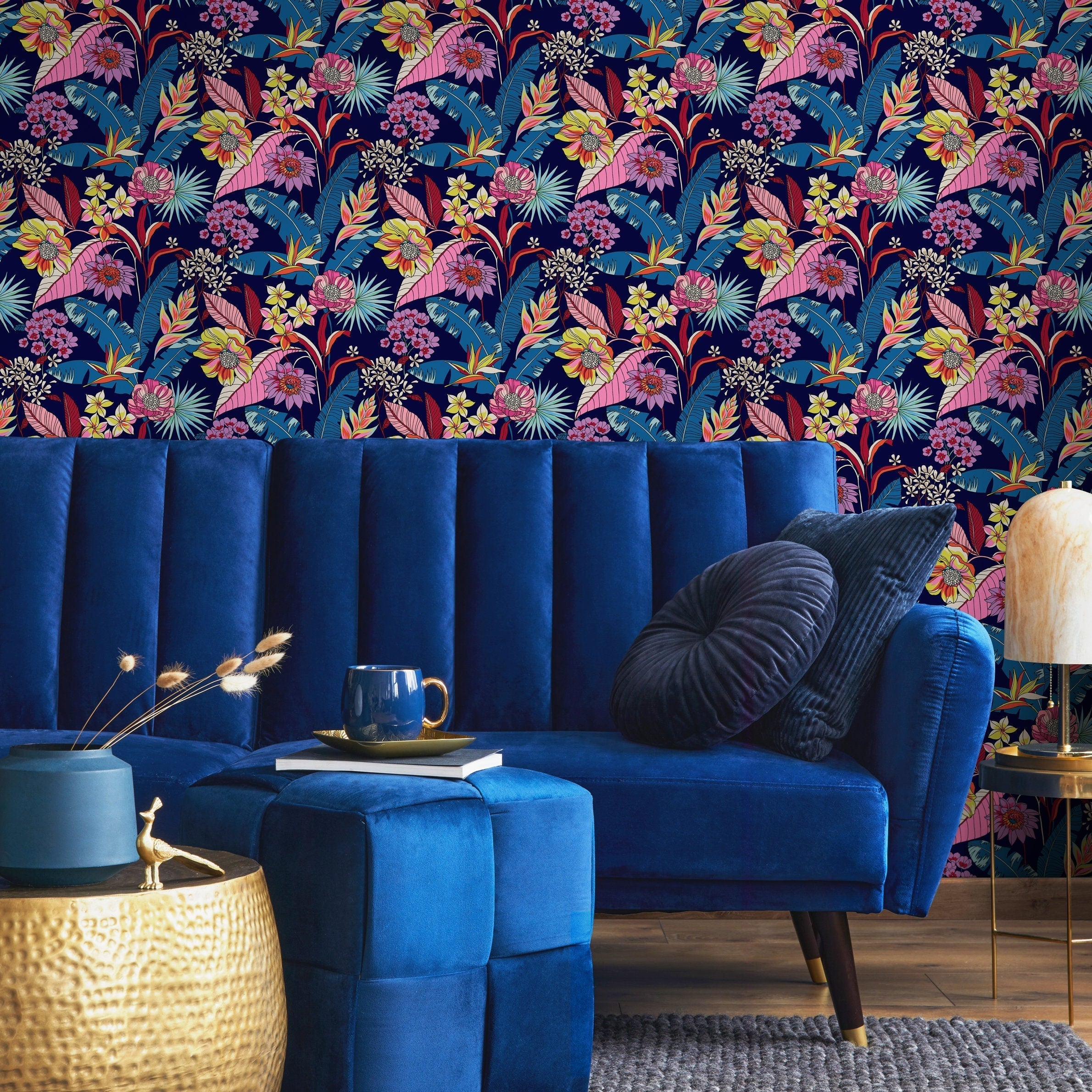 Botanical Wallpaper With Tropical Flowers And Leaves In Blue, Pink, And Yellow - B316