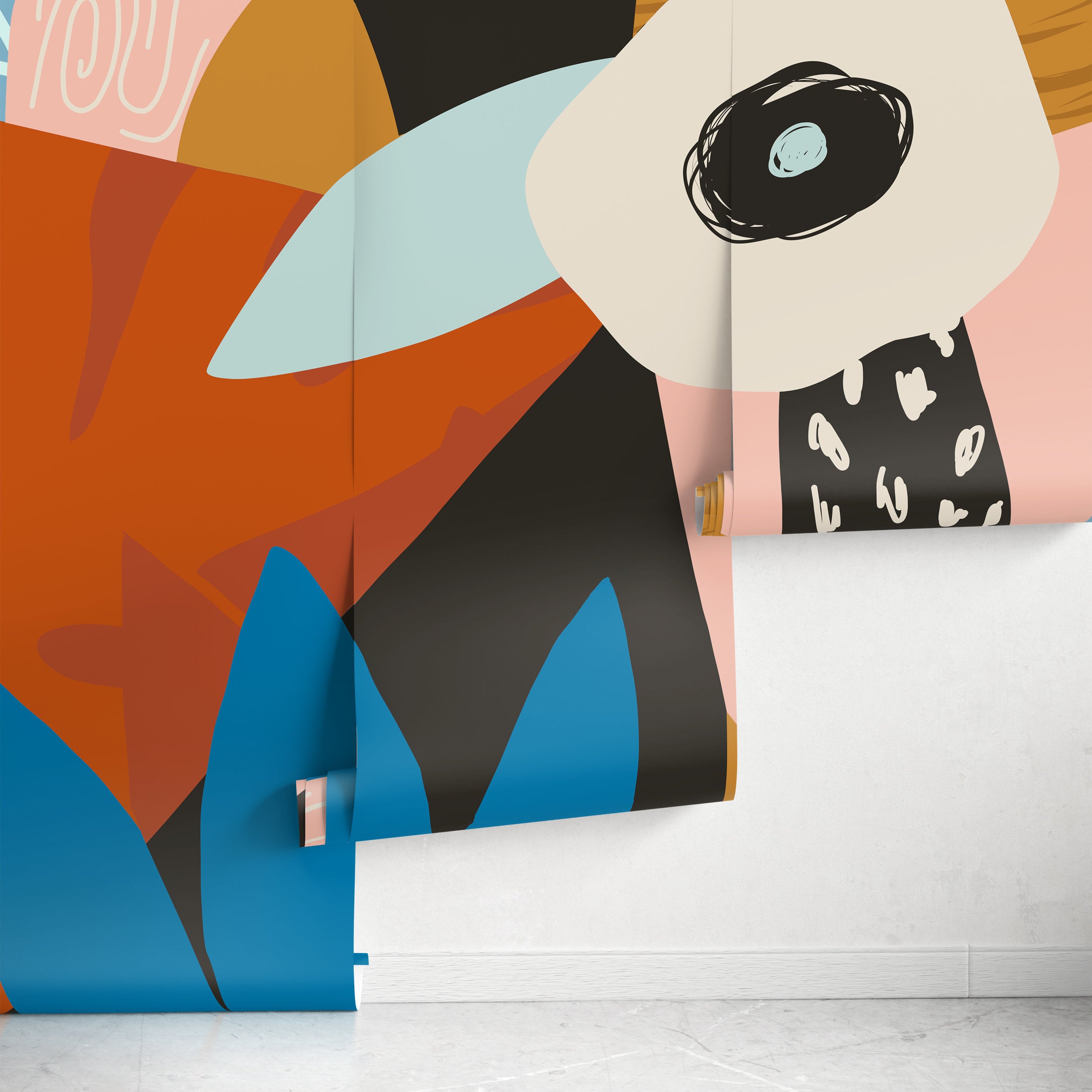 Abstract Wallpaper With Large Scale Abstract Forms In Orange, Blue, And Black - D995