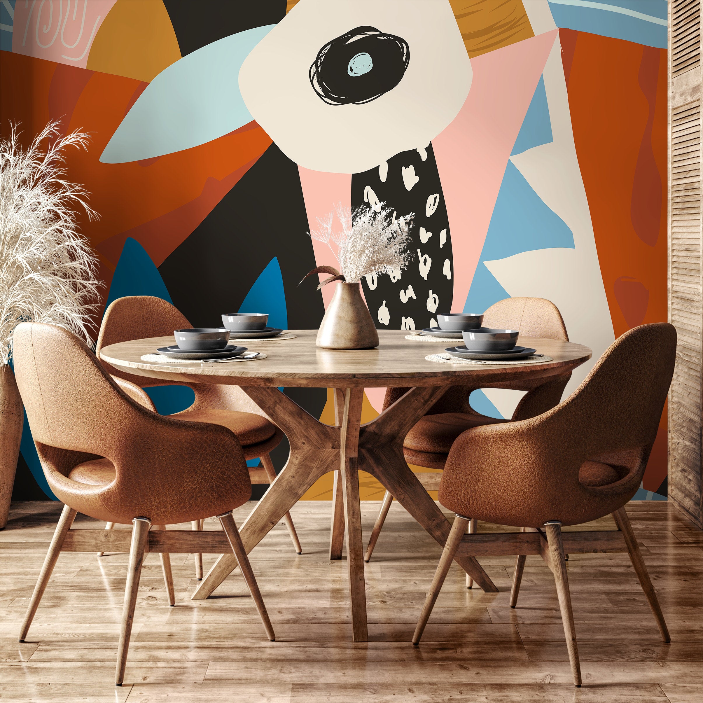 Abstract Wallpaper With Large Scale Abstract Forms In Orange, Blue, And Black - D995