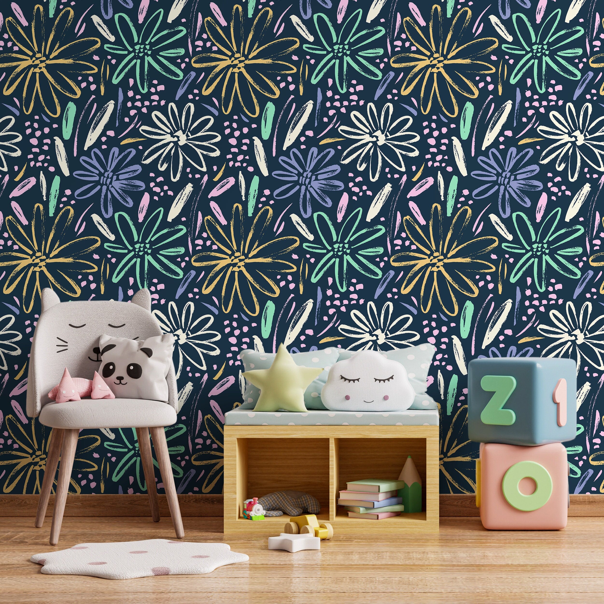 Floral Wallpaper With Painterly Brush Stroke Daisies In Yellow, Mint, And Blue - B332