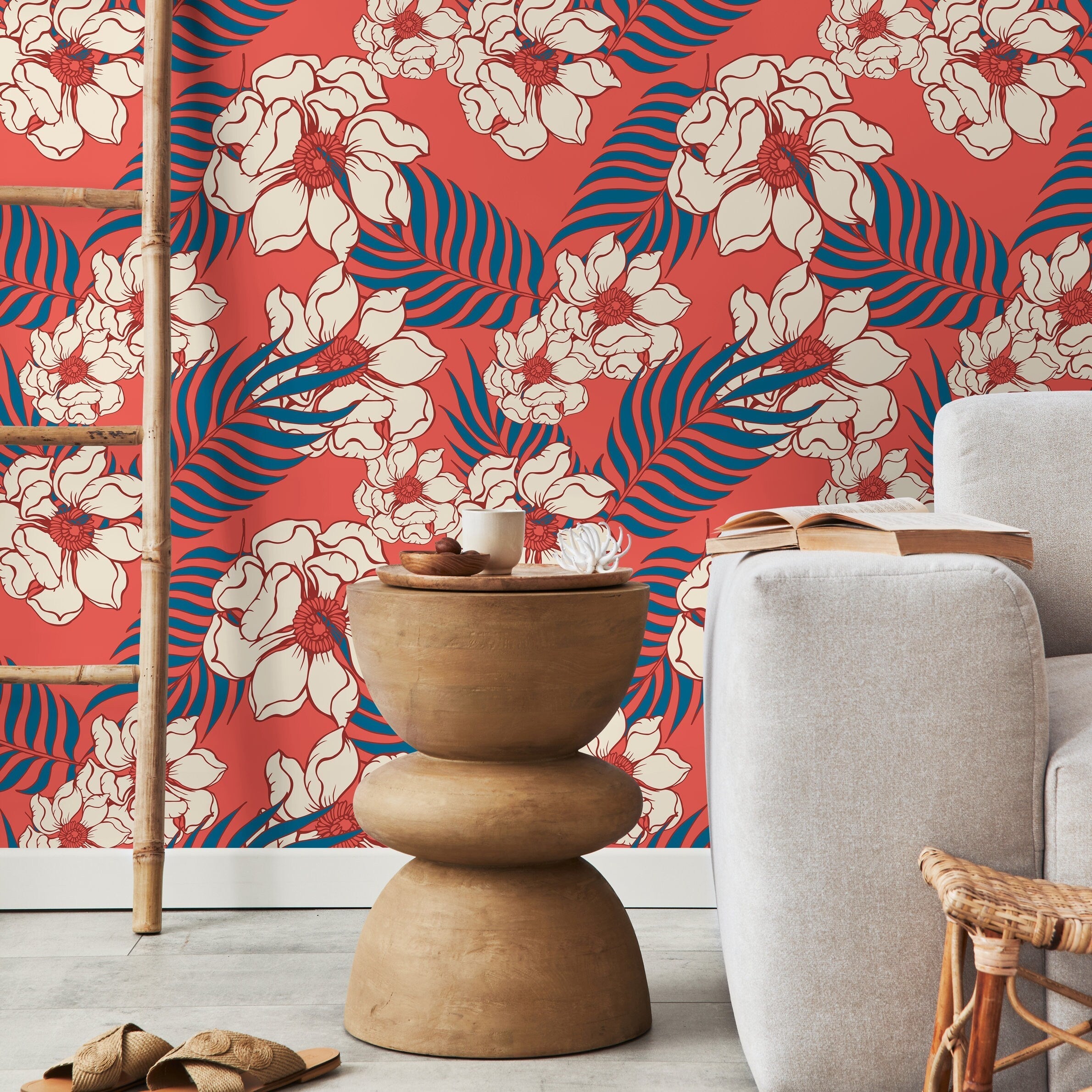 Tropical Wallpaper With Hawaiian Flowers And Palm Leaves In Red, Teal, And Beige - B334