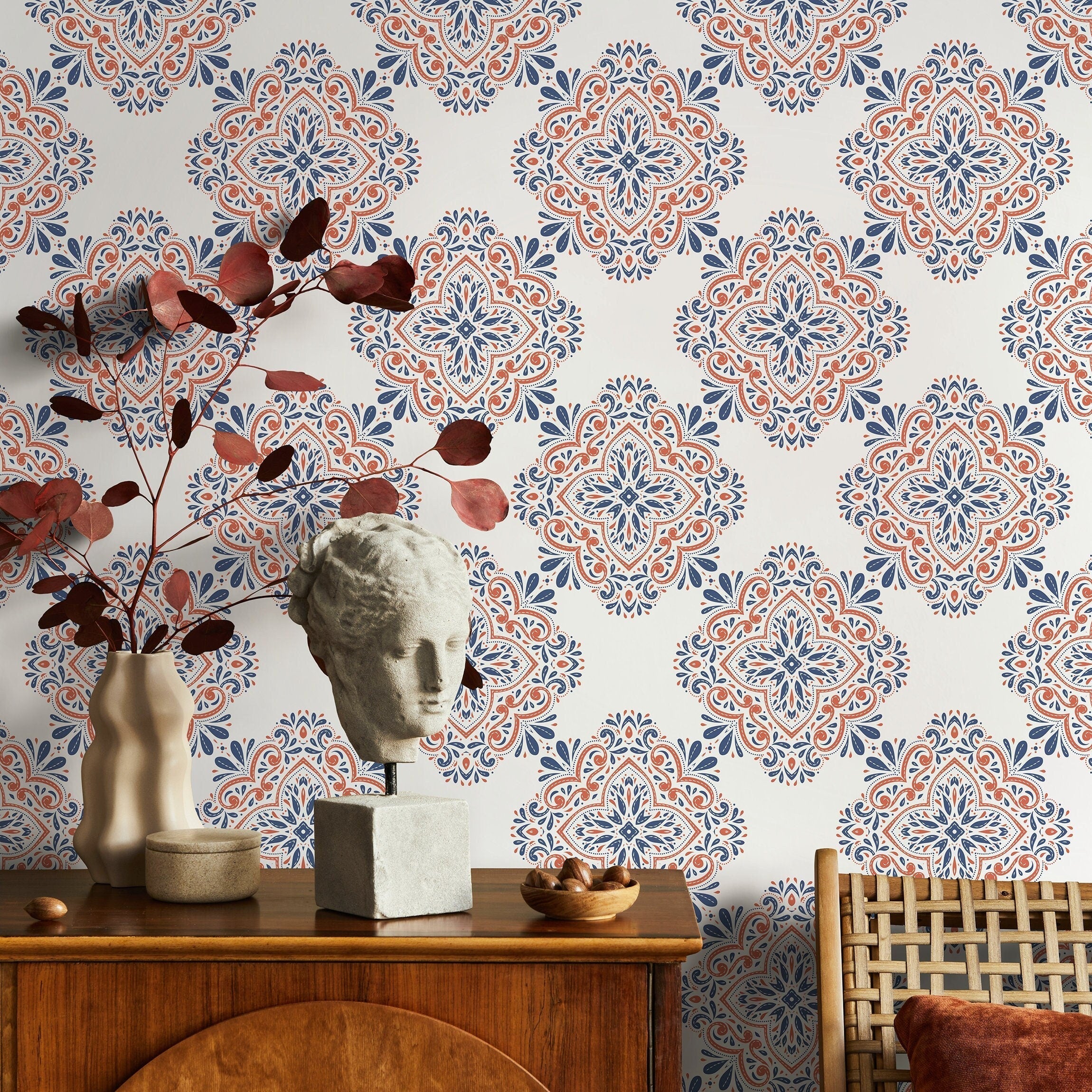 Damask Wallpaper With An Intricate Medallion Motif In Blue And Orange - B335