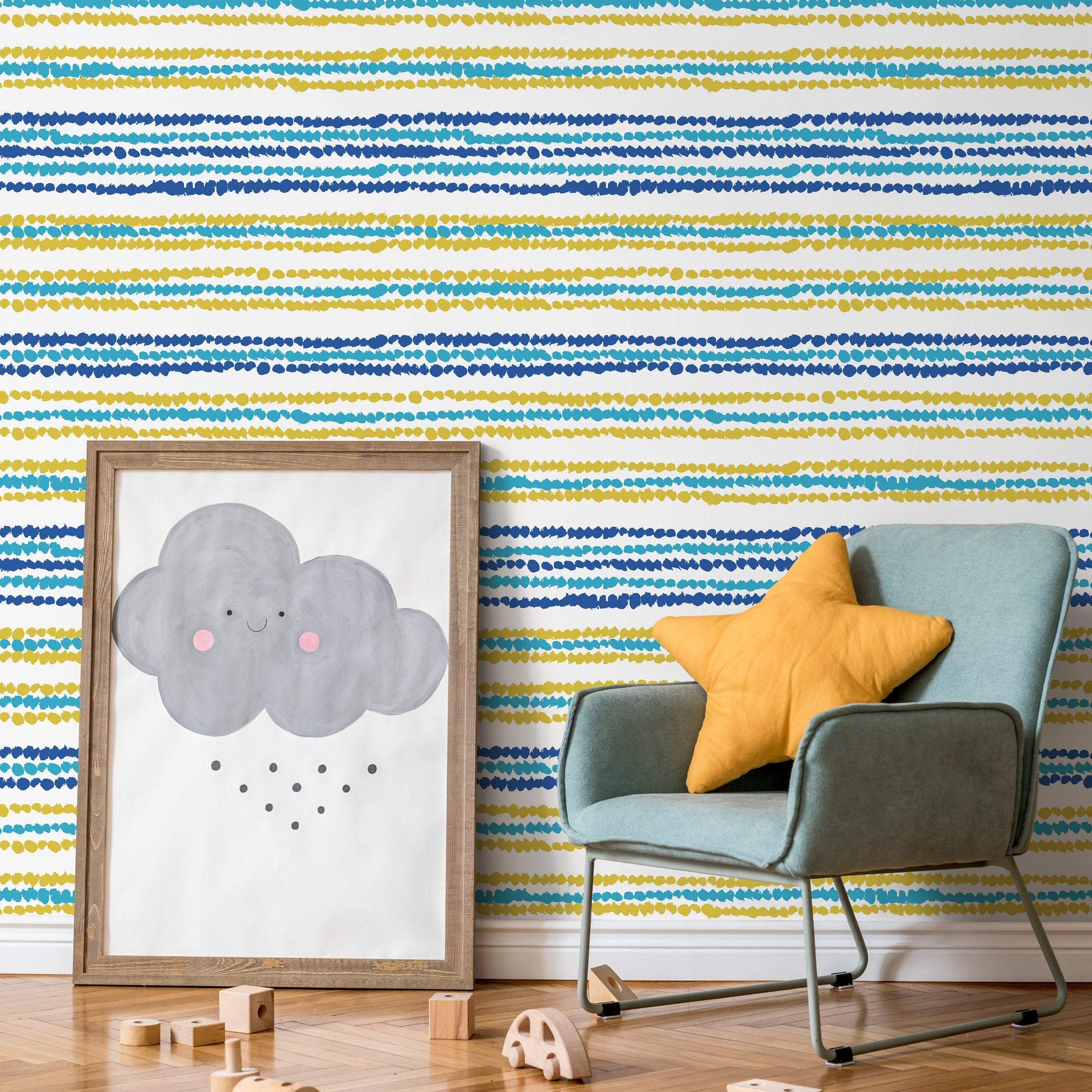 Abstract Wallpaper With Painted Dot Stripes In Blue, Yellow, And Teal - B346
