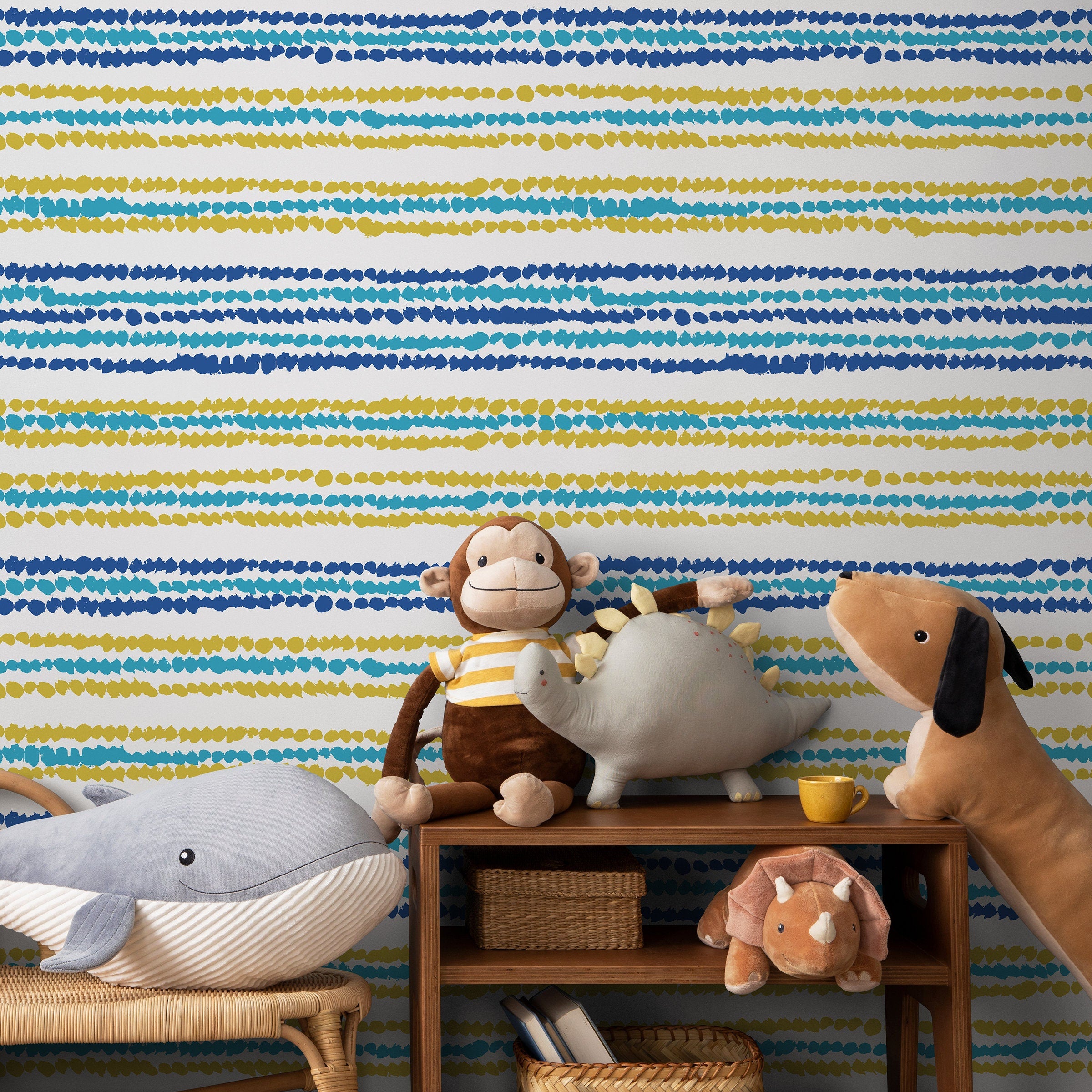 Abstract Wallpaper With Painted Dot Stripes In Blue, Yellow, And Teal - B346