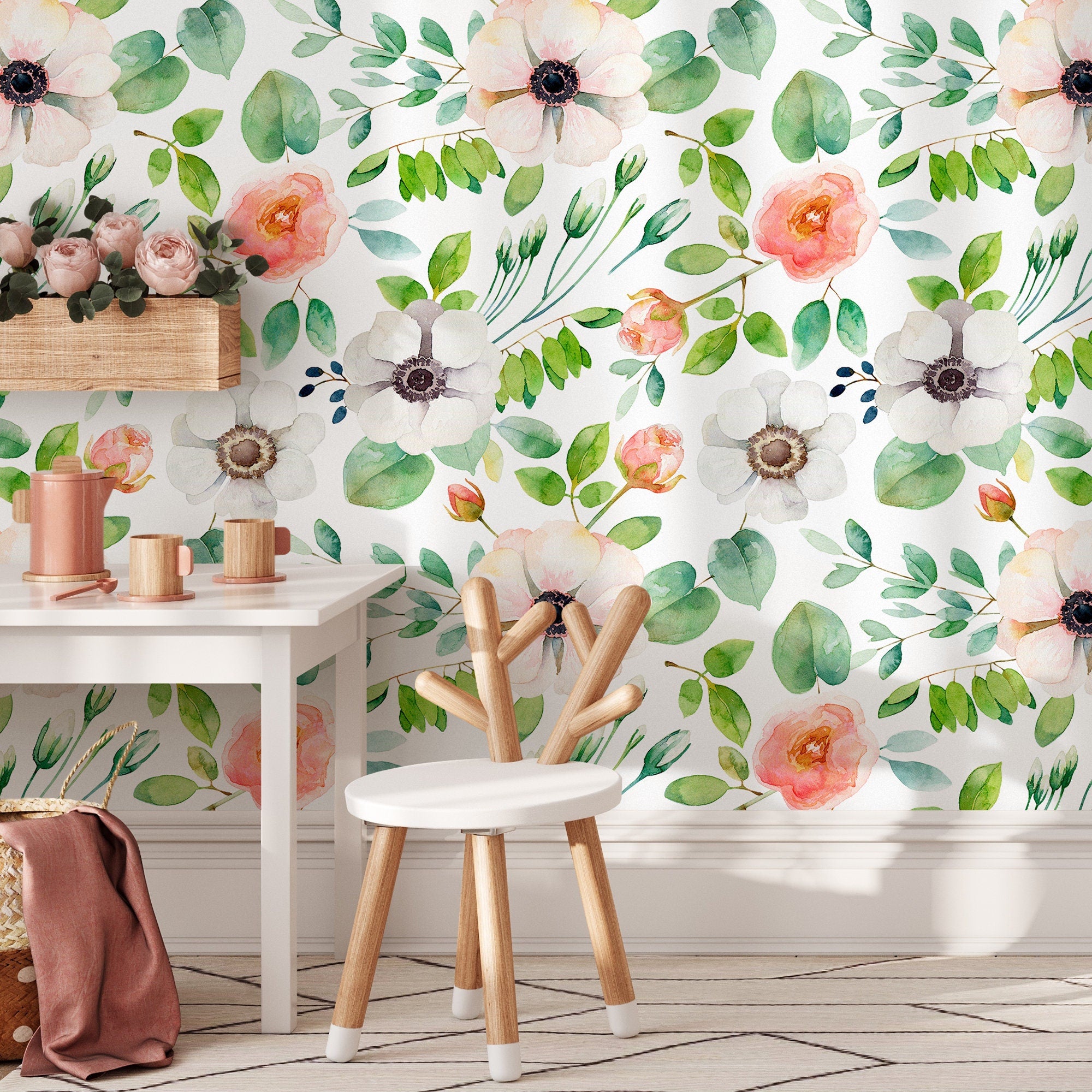 Floral Wallpaper With Watercolor Anemones In Pink And Green - B350