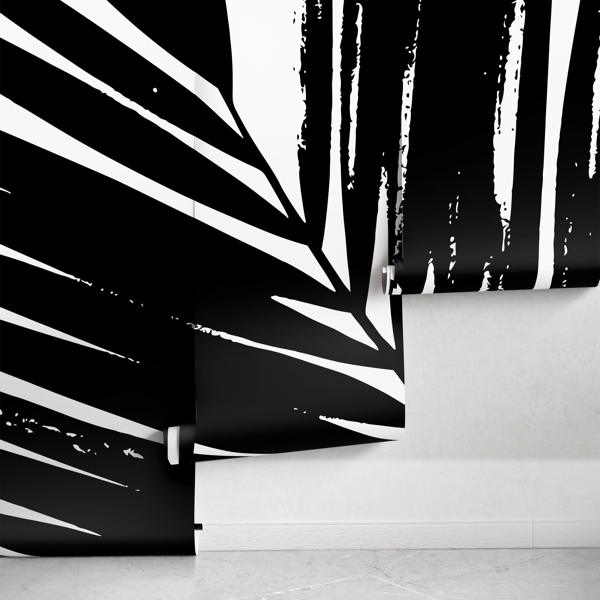 Abstract Botanical Wallpaper With Graphic Leaves In Black And White - B354