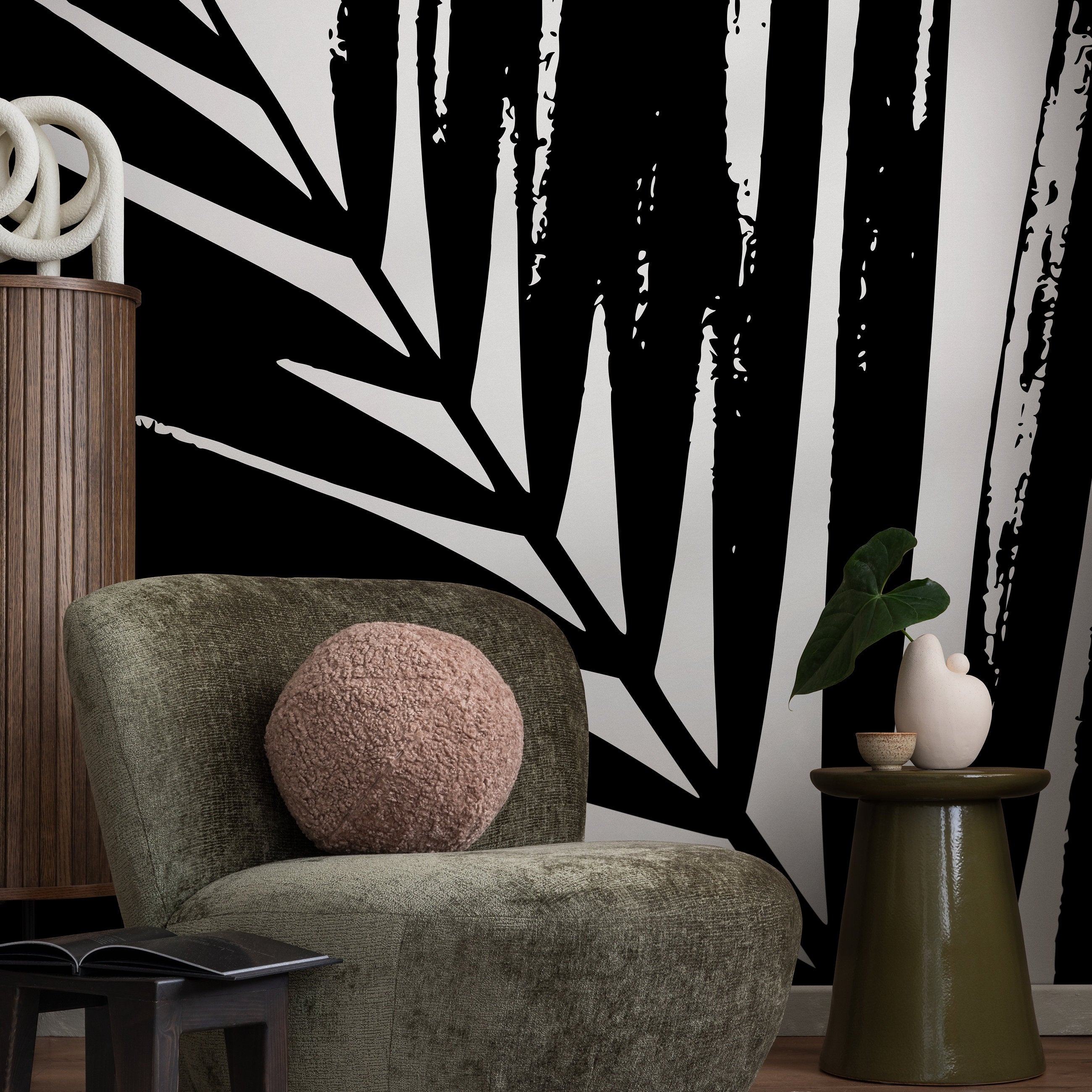 Abstract Botanical Wallpaper With Graphic Leaves In Black And White - B354