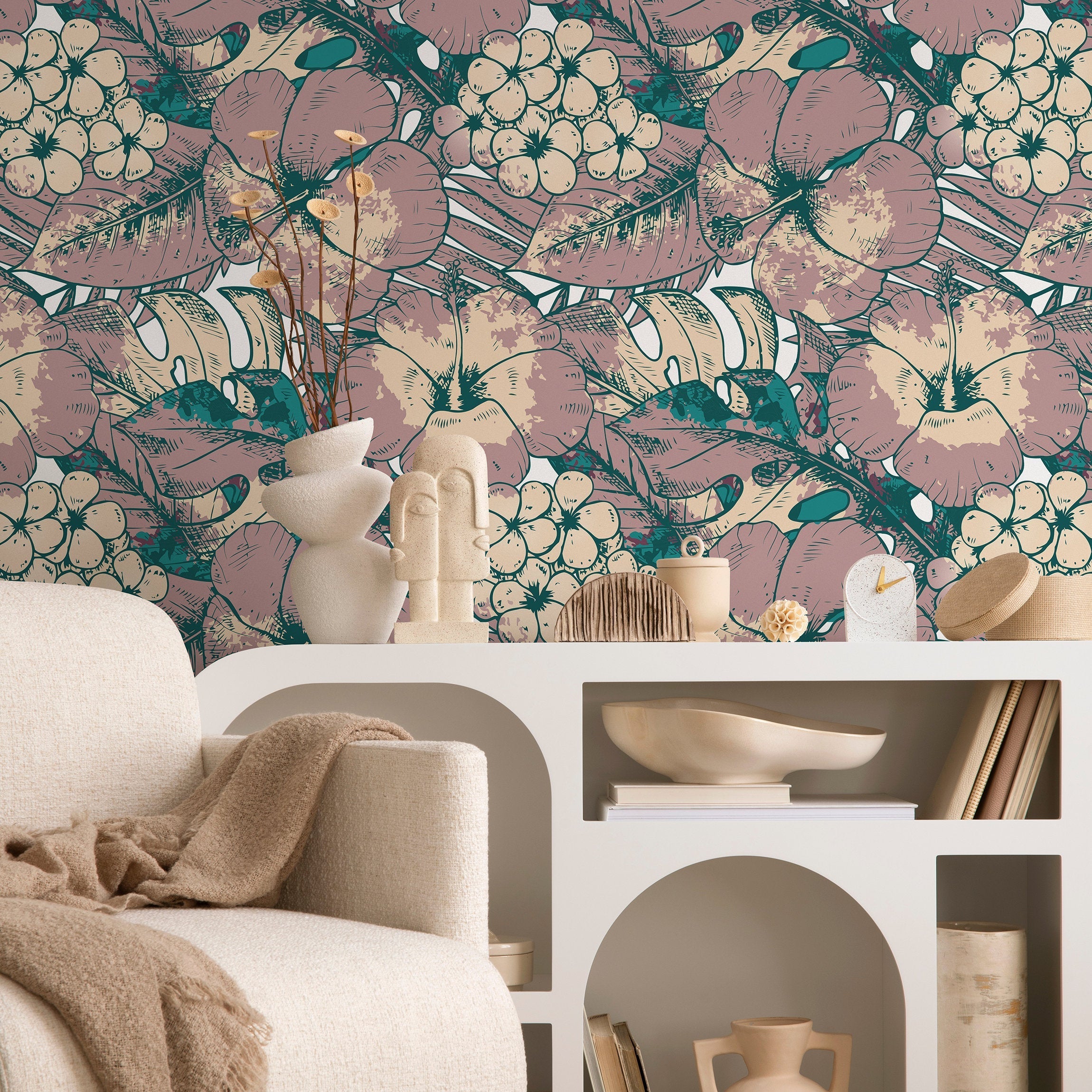 Tropical Wallpaper With Hibiscus And Monstera Leaves In Teal, Mauve, And Beige - B355
