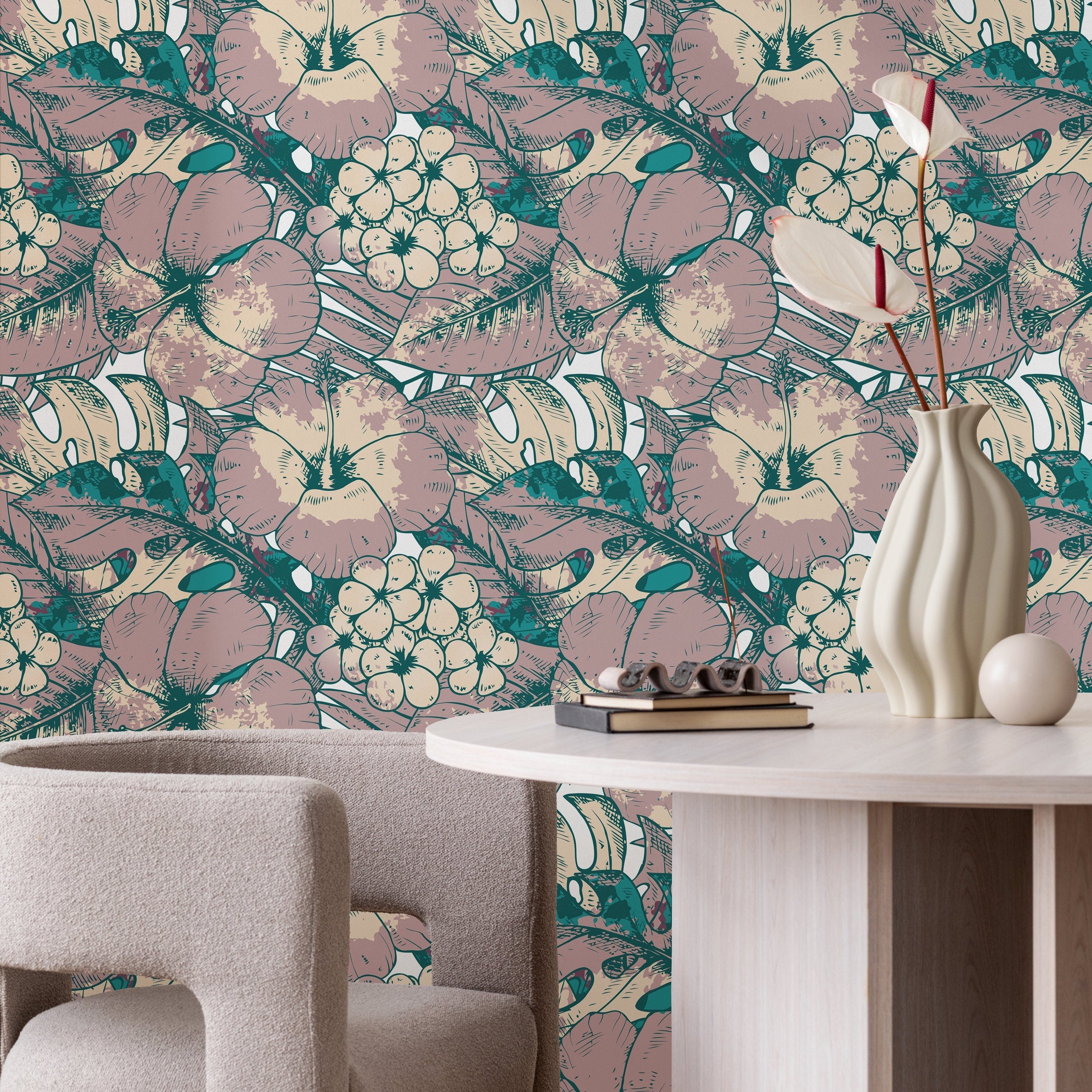 Tropical Wallpaper With Hibiscus And Monstera Leaves In Teal, Mauve, And Beige - B355