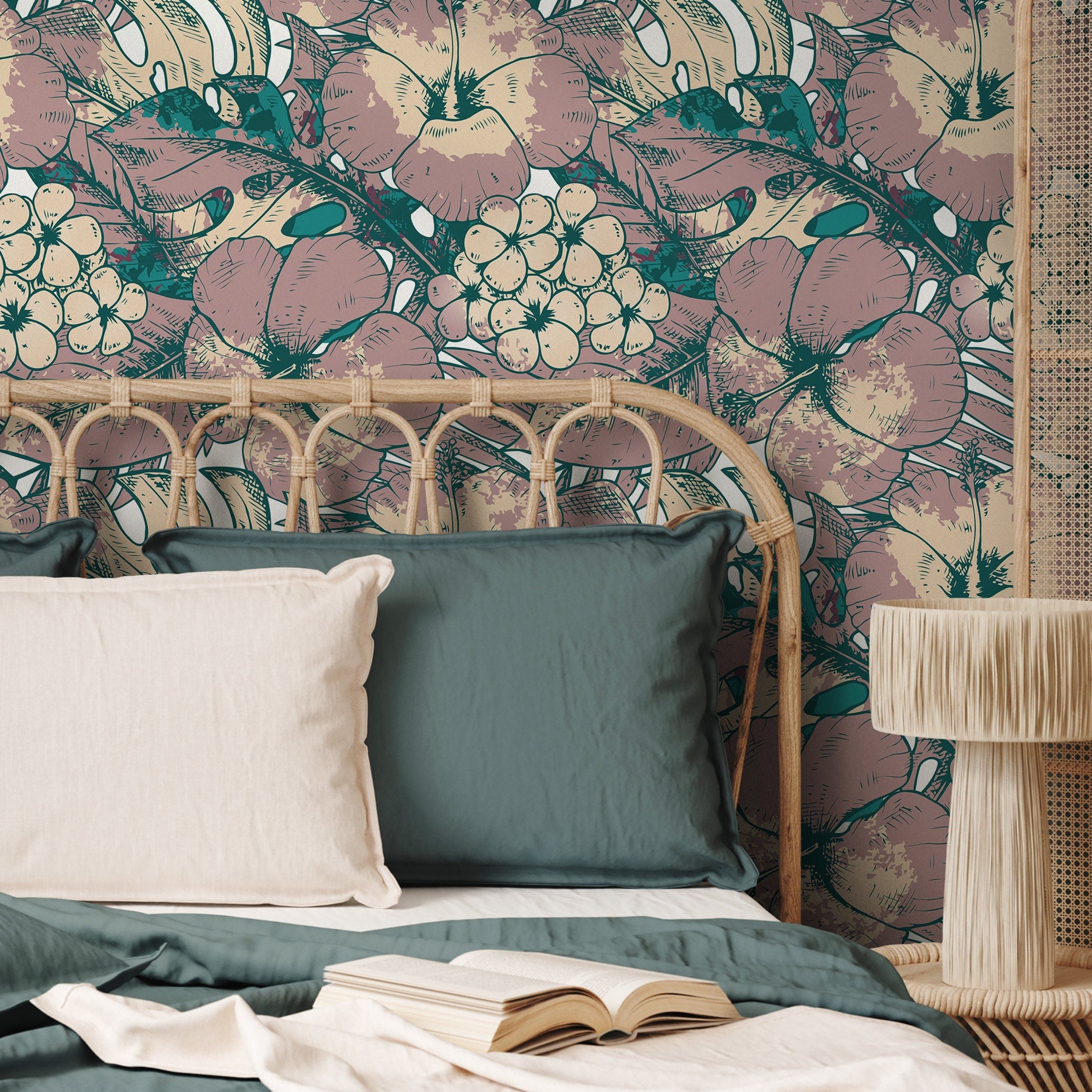 Tropical Wallpaper With Hibiscus And Monstera Leaves In Teal, Mauve, And Beige - B355