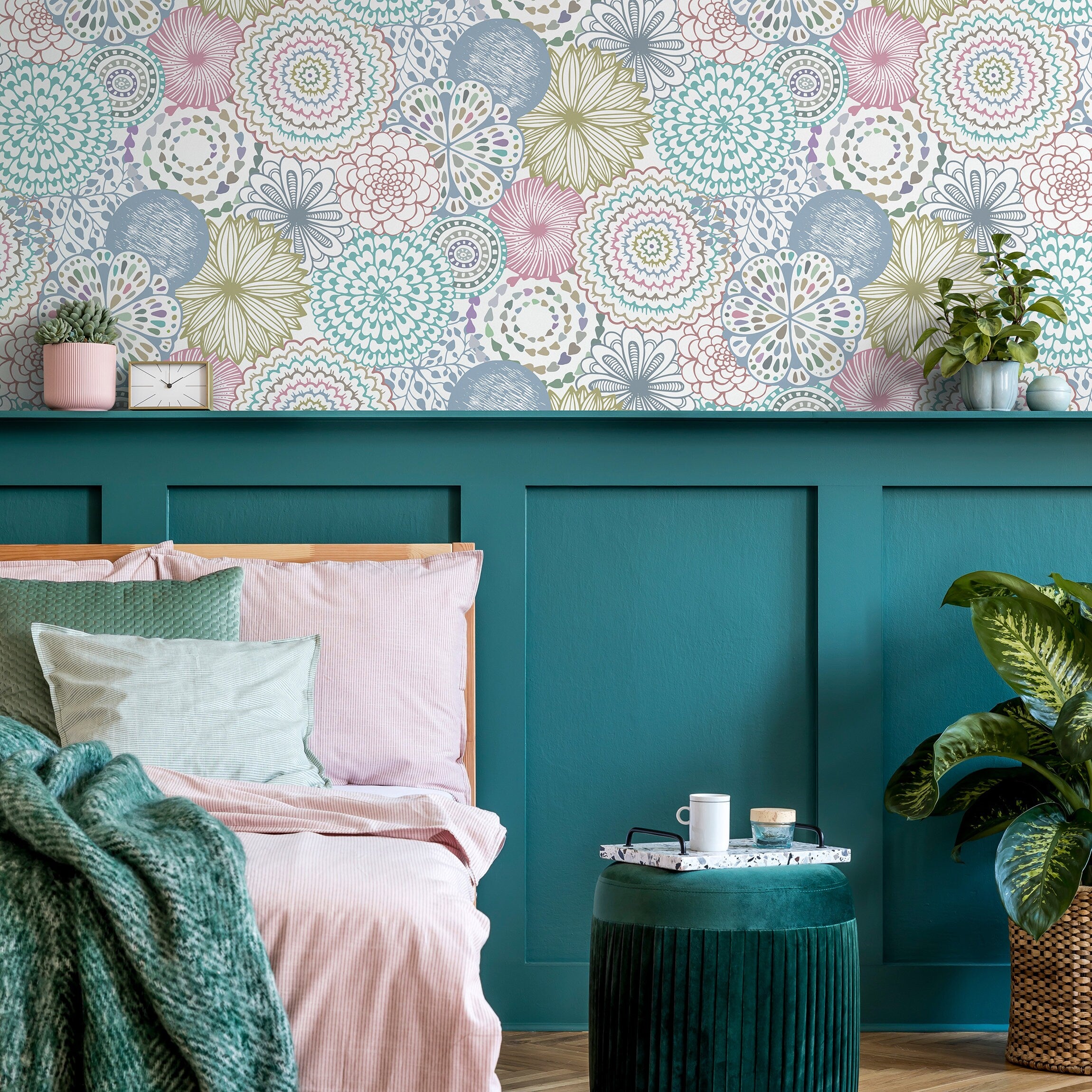 Floral Wallpaper With Doodle Style Mandalas In Teal, Pink, And Green - B361