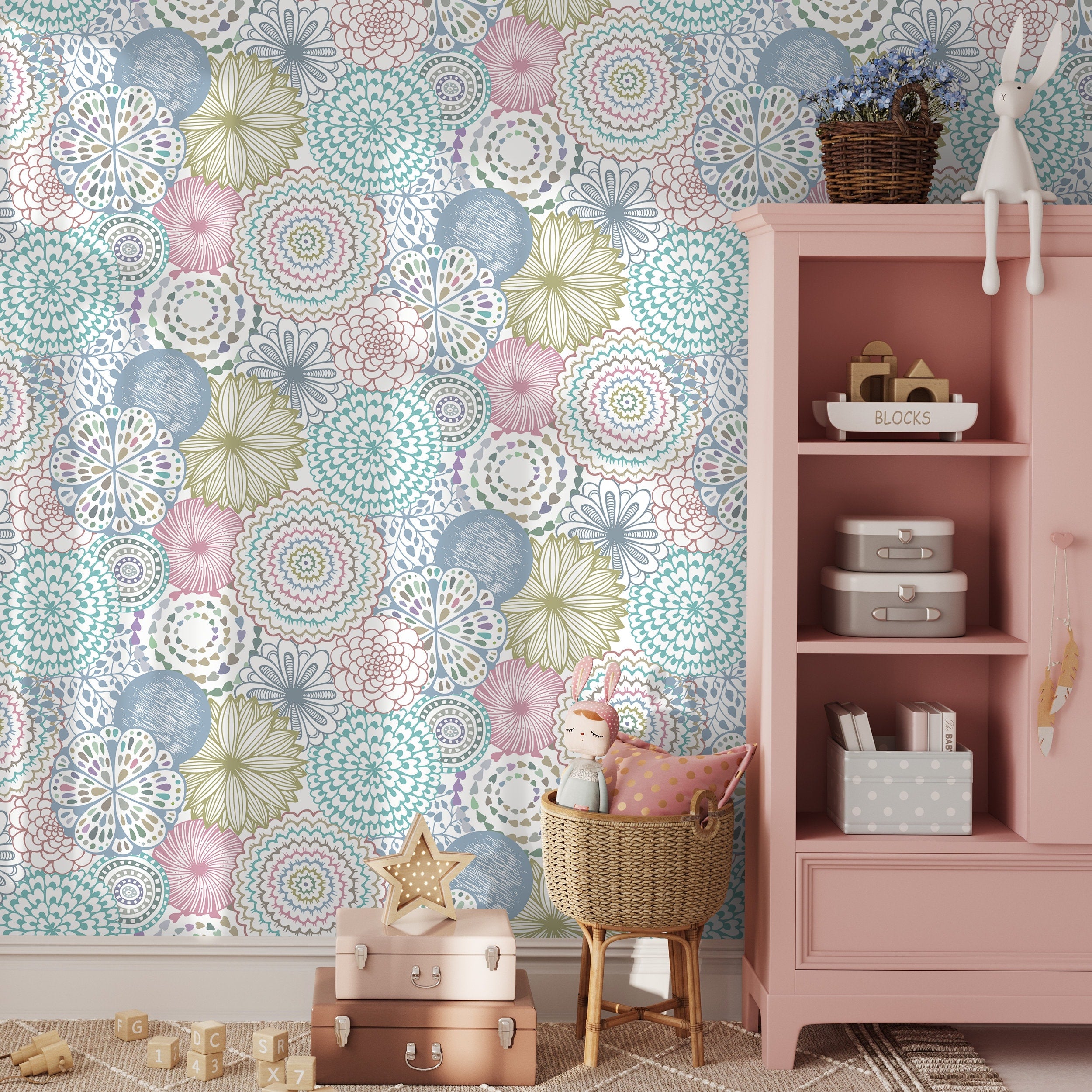 Floral Wallpaper With Doodle Style Mandalas In Teal, Pink, And Green - B361