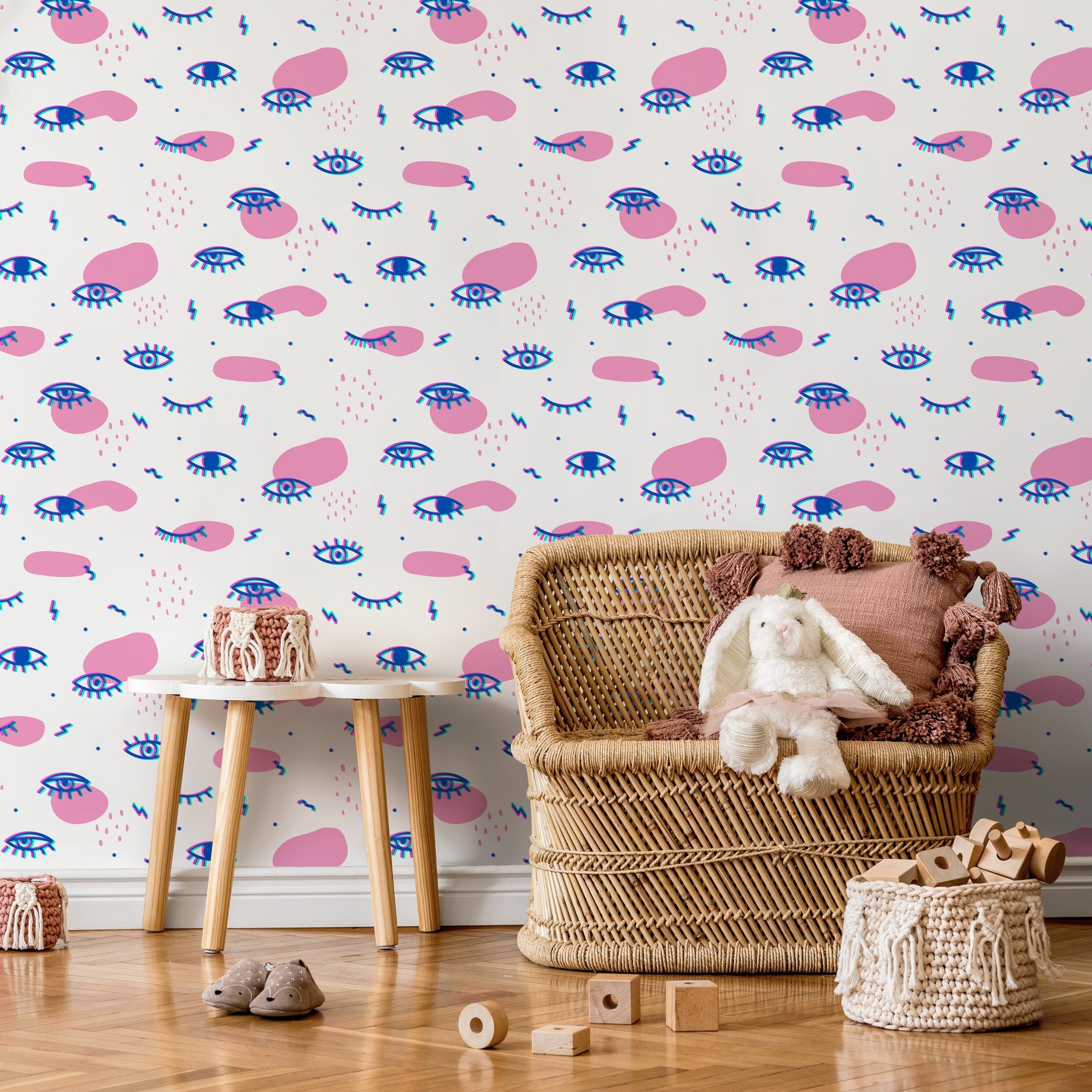 Abstract Wallpaper With A Funky Eye Motif In Pink, Blue, And Teal - B363
