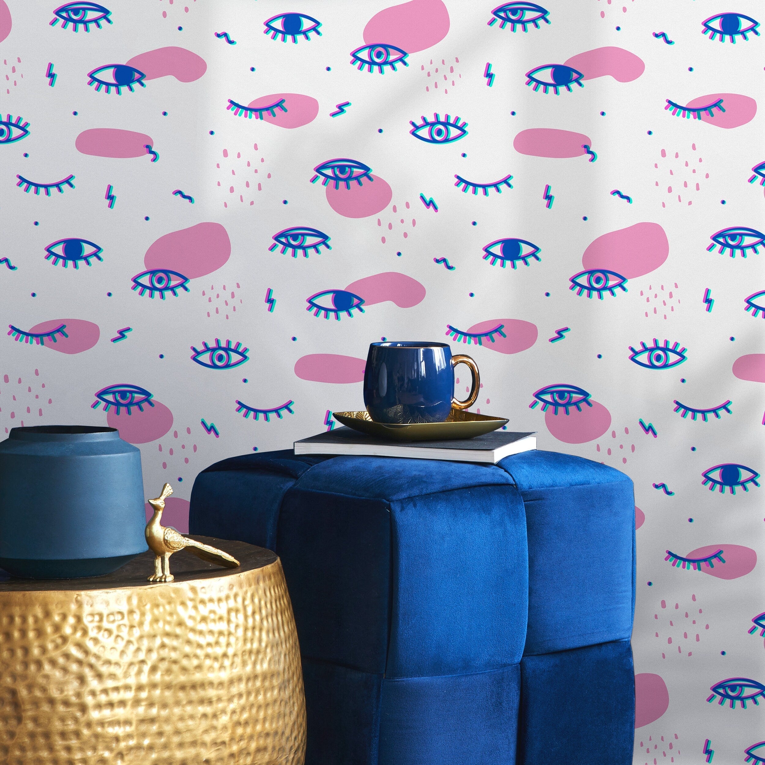 Abstract Wallpaper With A Funky Eye Motif In Pink, Blue, And Teal - B363