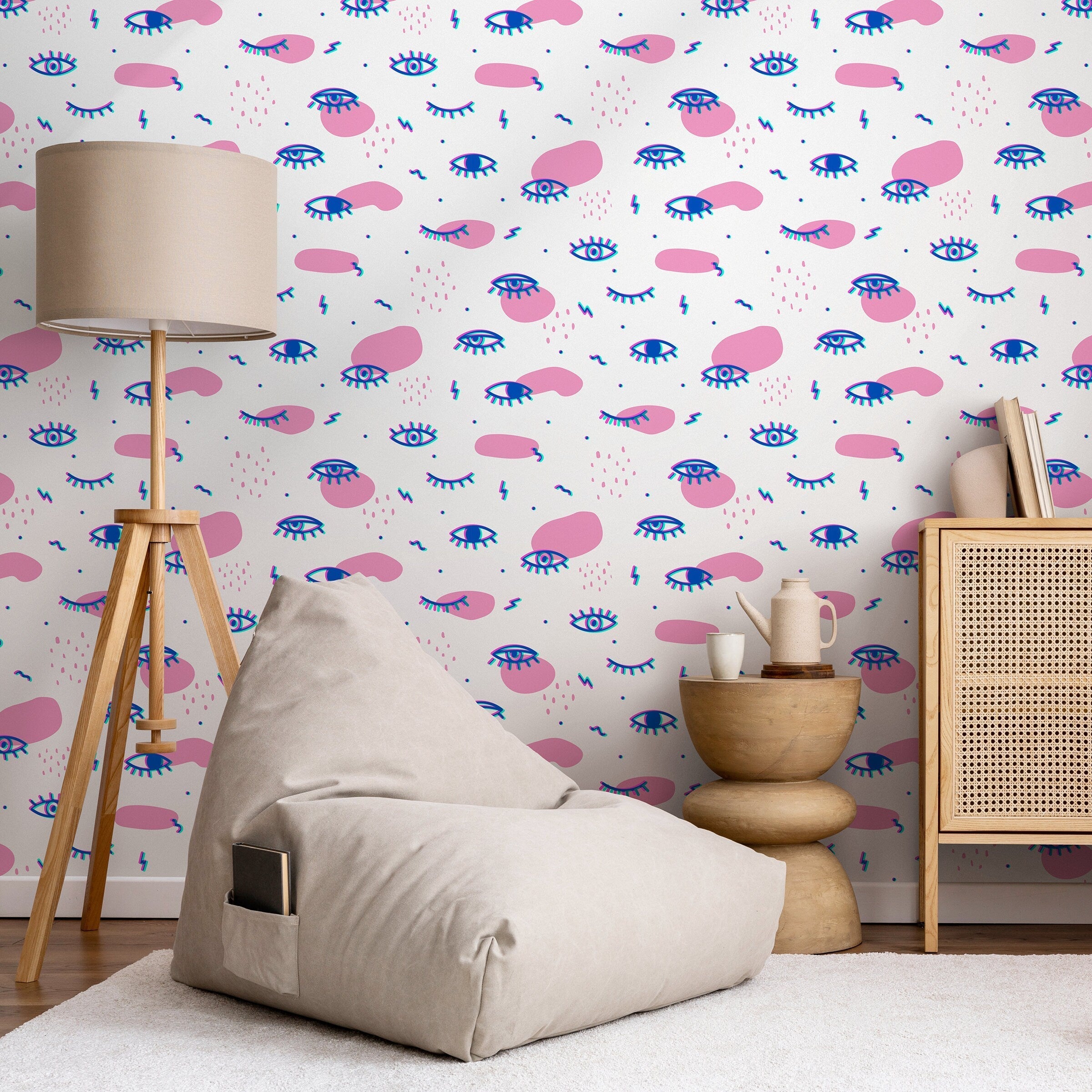 Abstract Wallpaper With A Funky Eye Motif In Pink, Blue, And Teal - B363