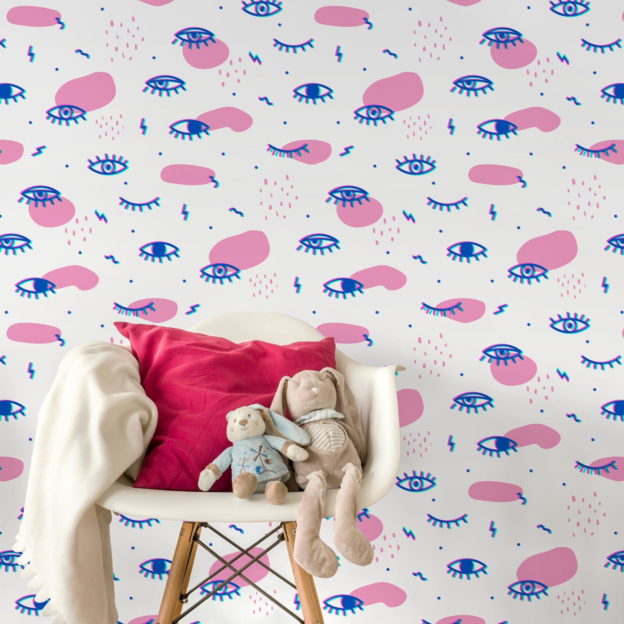 Abstract Wallpaper With A Funky Eye Motif In Pink, Blue, And Teal - B363