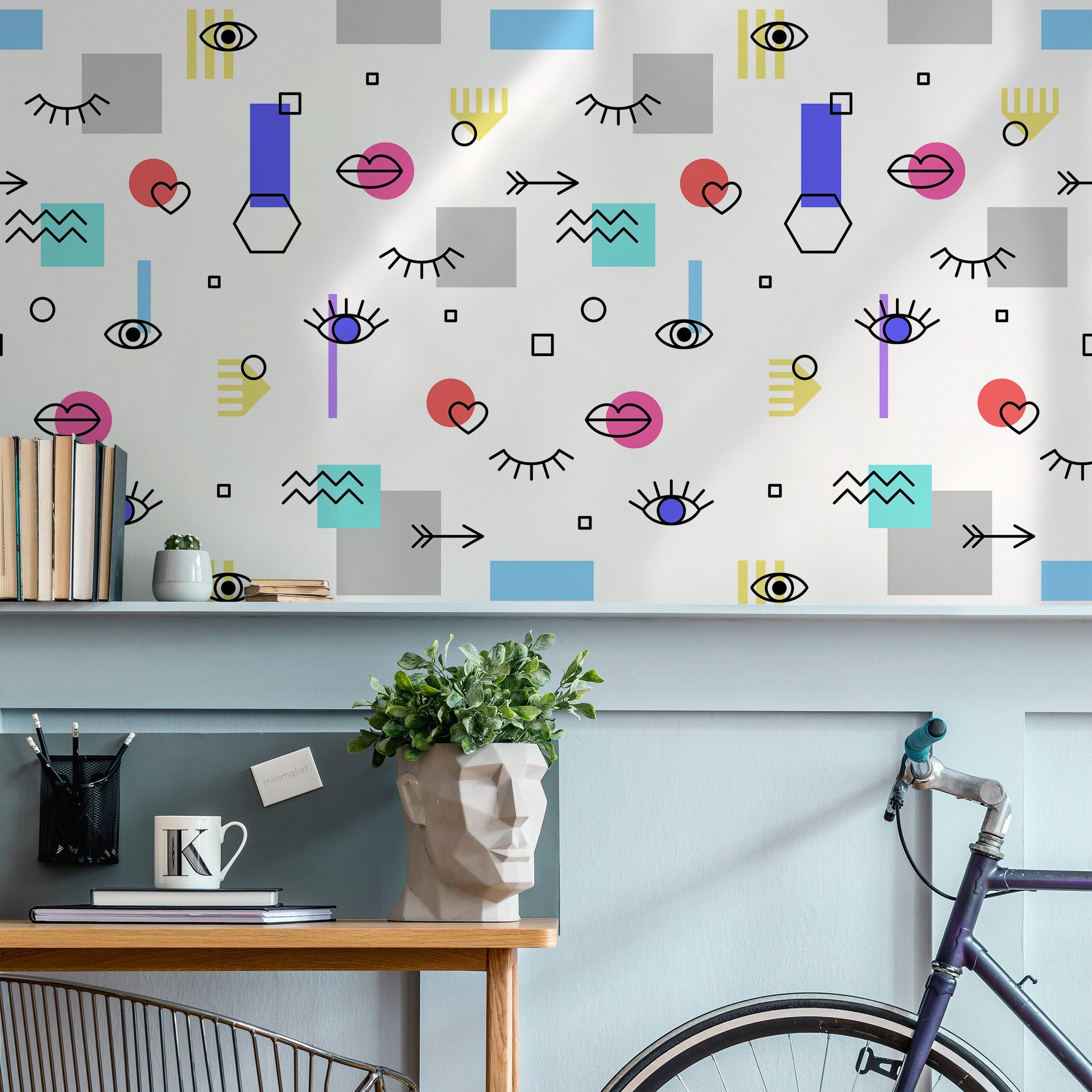 Abstract Wallpaper Featuring Eyes, Hearts, And Shapes In Blue, Pink, And Yellow - B364