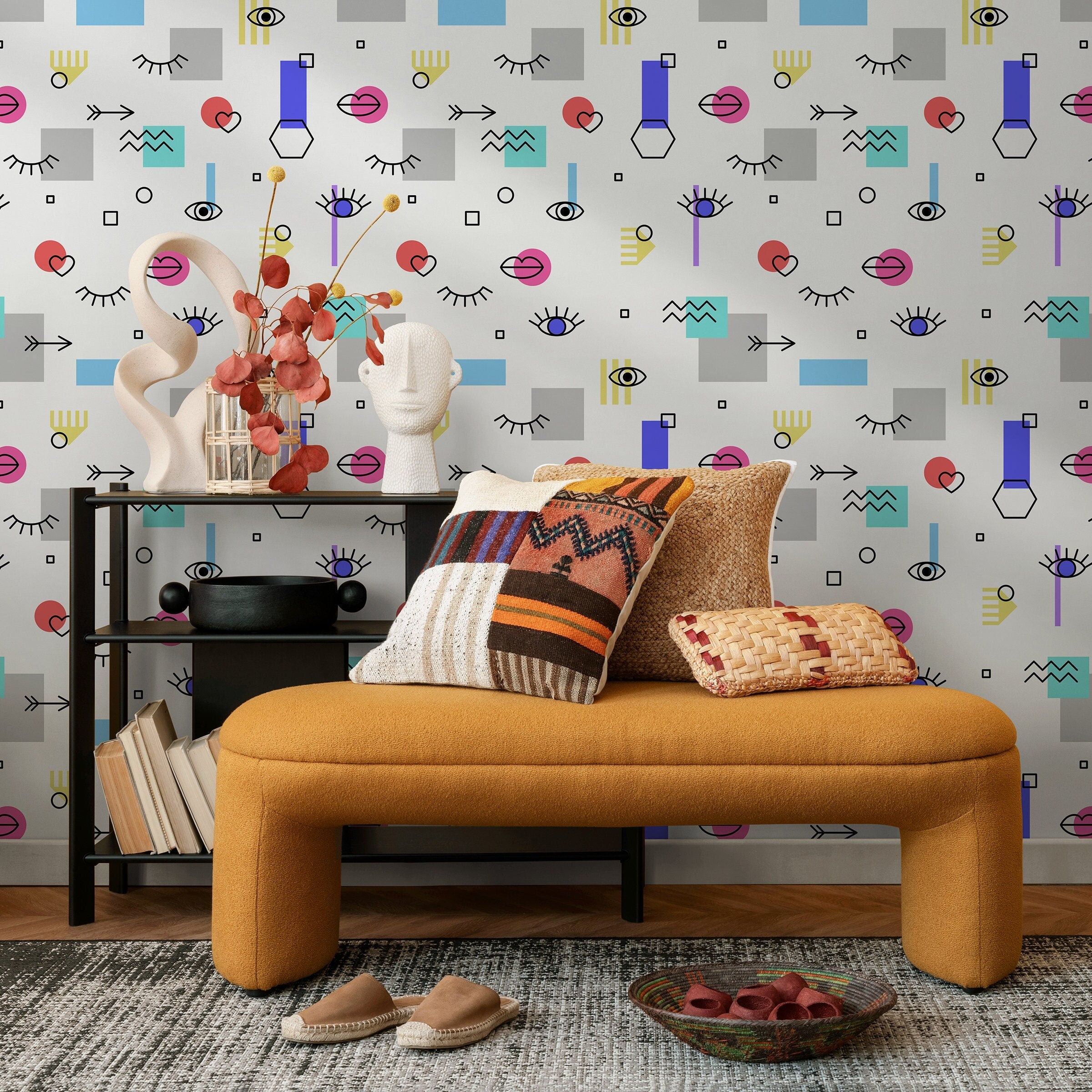 Abstract Wallpaper Featuring Eyes, Hearts, And Shapes In Blue, Pink, And Yellow - B364