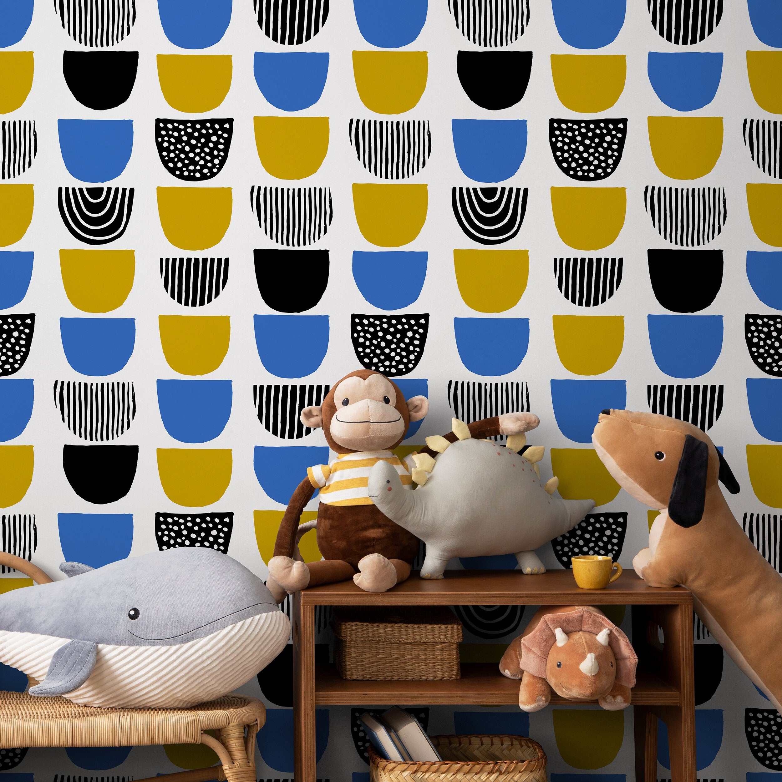 Abstract Wallpaper With U-shaped Motifs In Blue, Yellow, And Black - B366