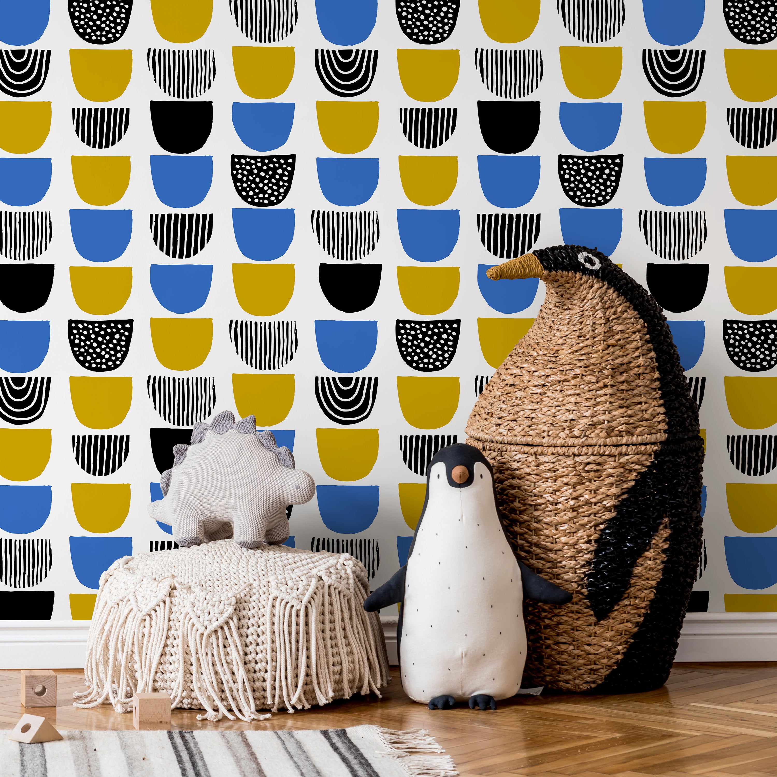 Abstract Wallpaper With U-shaped Motifs In Blue, Yellow, And Black - B366