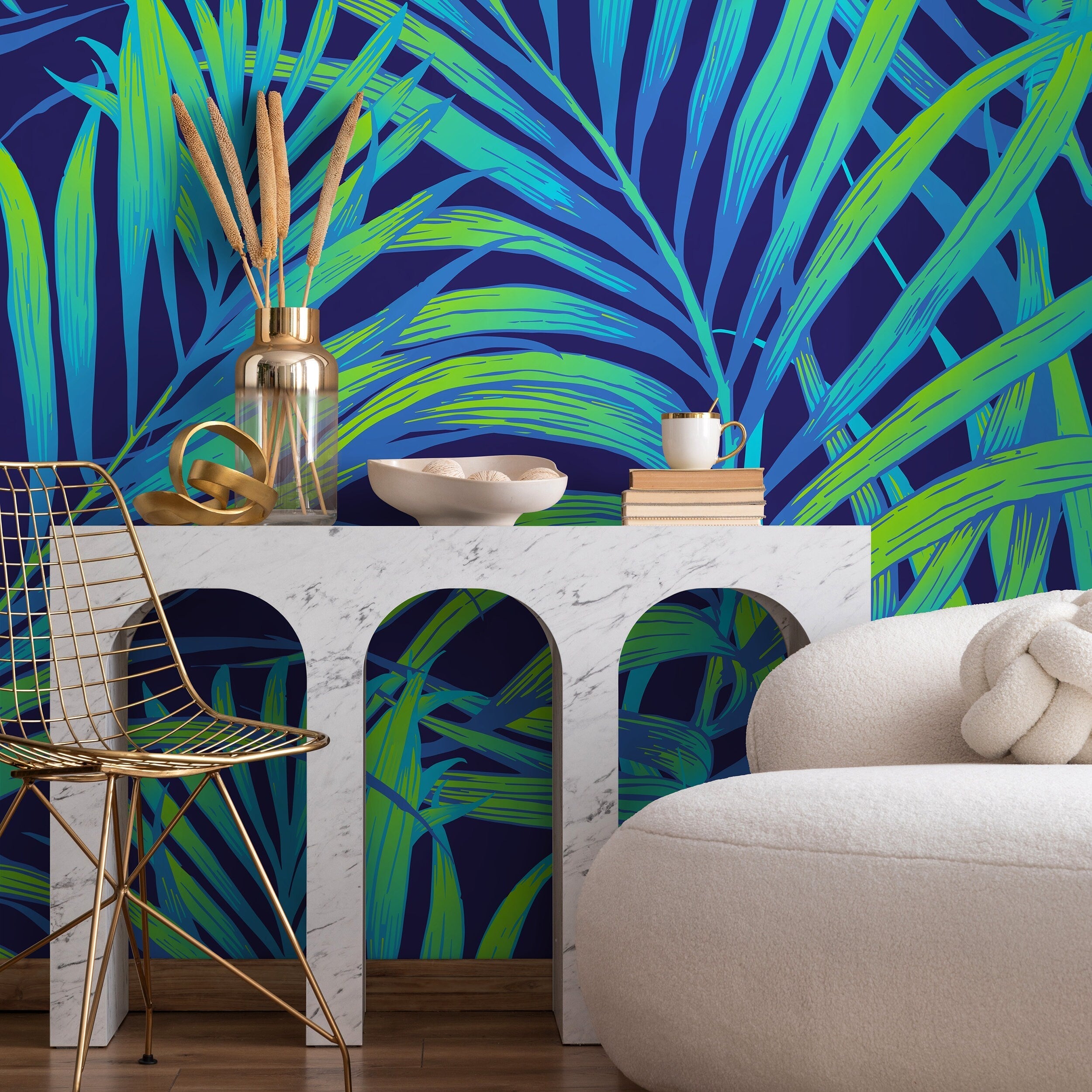 Tropical Wallpaper With Neon Palm Leaves In Blue And Green - B378