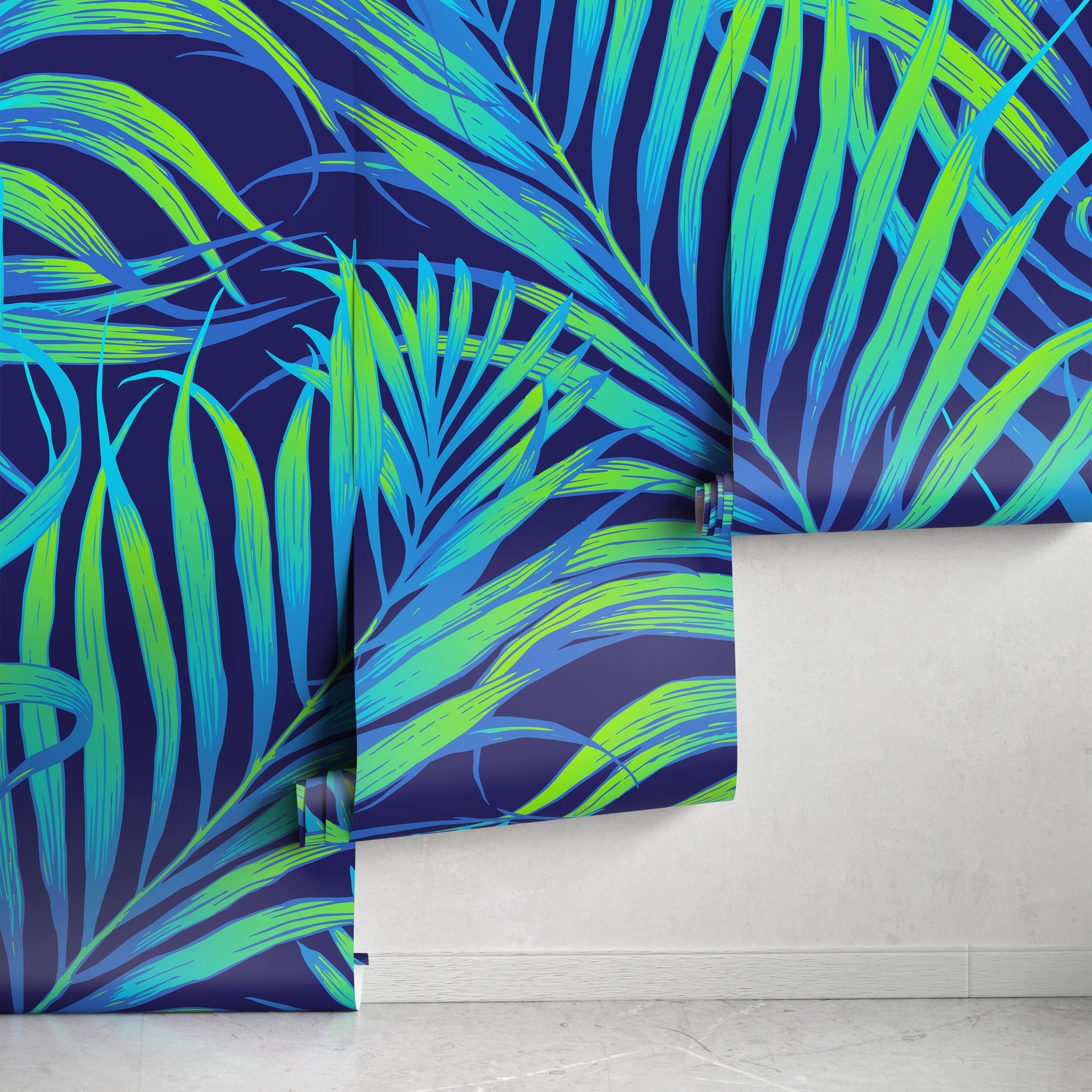 Tropical Wallpaper With Neon Palm Leaves In Blue And Green - B378
