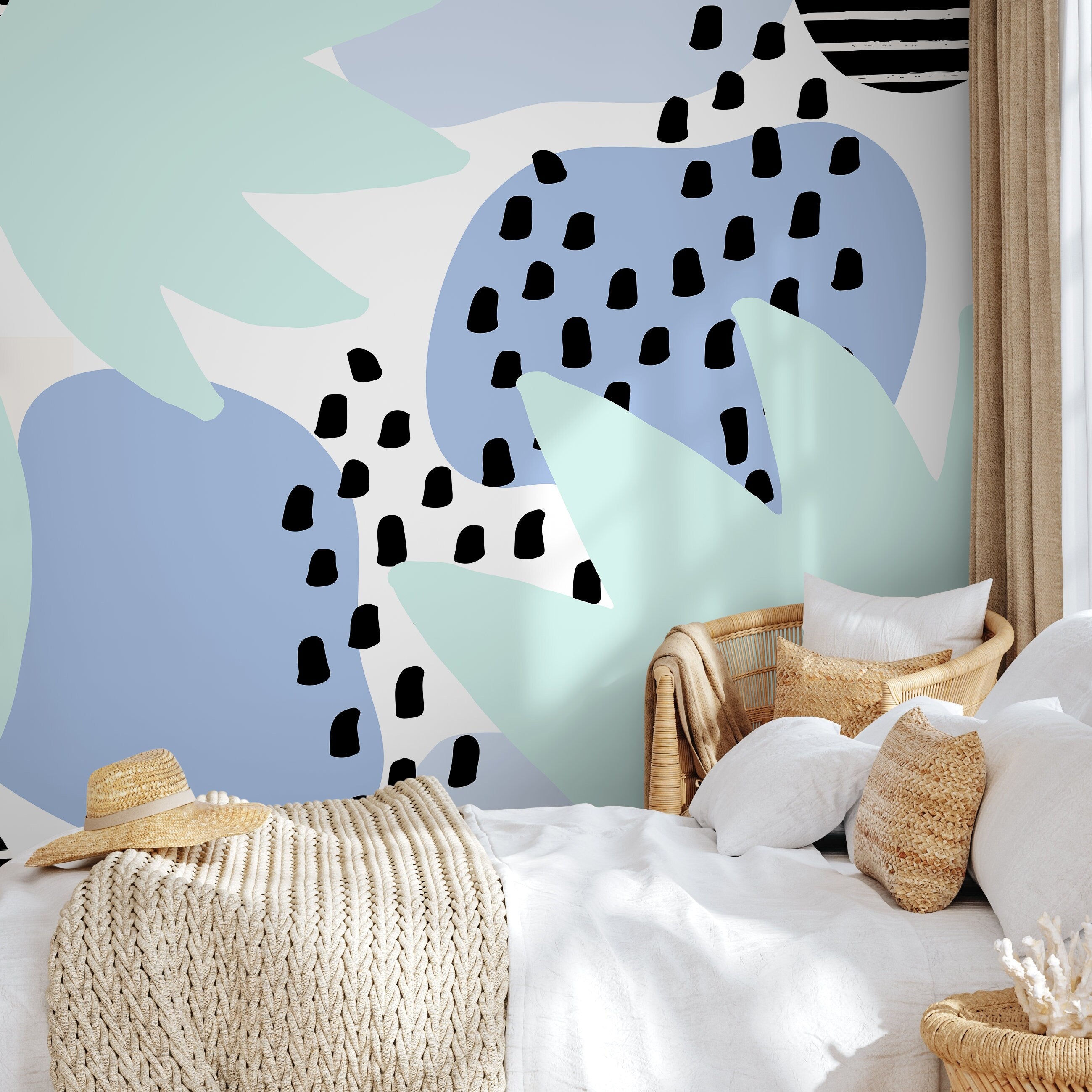 Abstract Wallpaper With Organic Shapes And Spots In Blue, Mint Green, And Black - B381