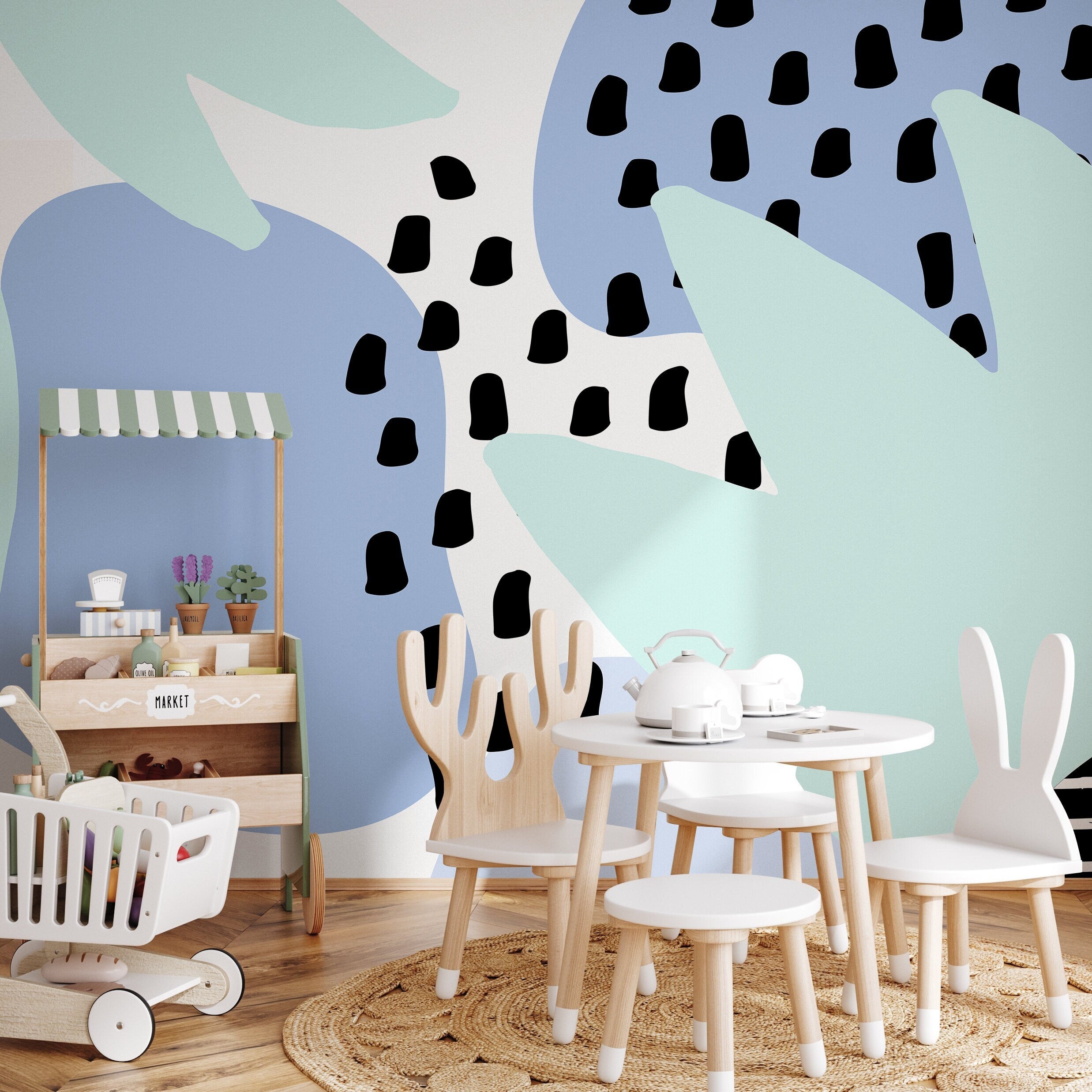Abstract Wallpaper With Organic Shapes And Spots In Blue, Mint Green, And Black - B381