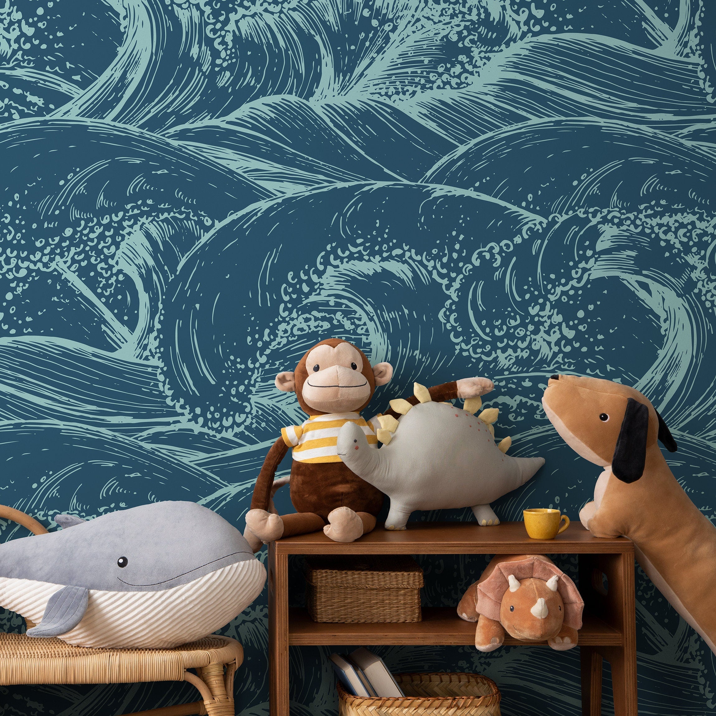 Coastal Wallpaper With Japanese Style Ocean Waves In Teal And Mint - B386