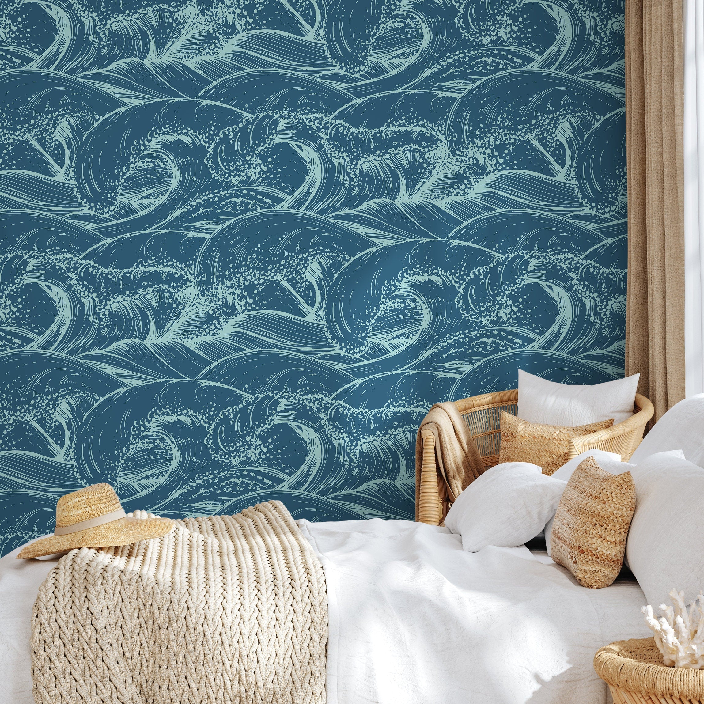 Coastal Wallpaper With Japanese Style Ocean Waves In Teal And Mint - B386