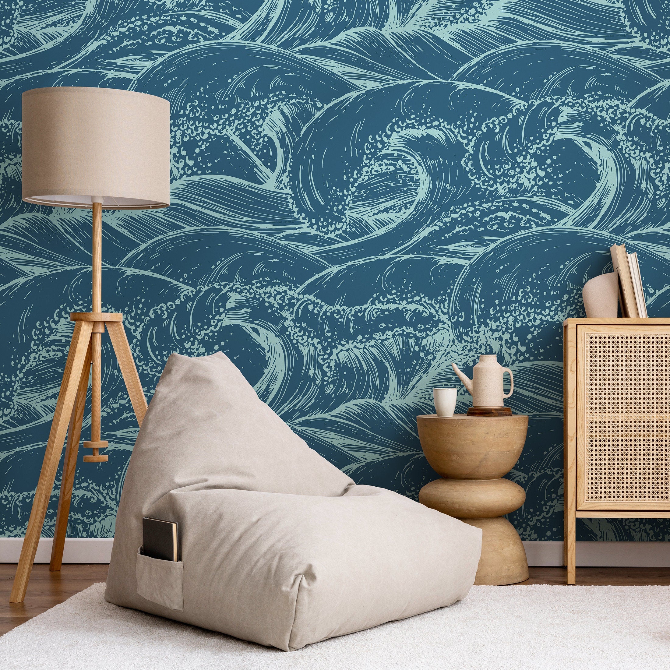Coastal Wallpaper With Japanese Style Ocean Waves In Teal And Mint - B386