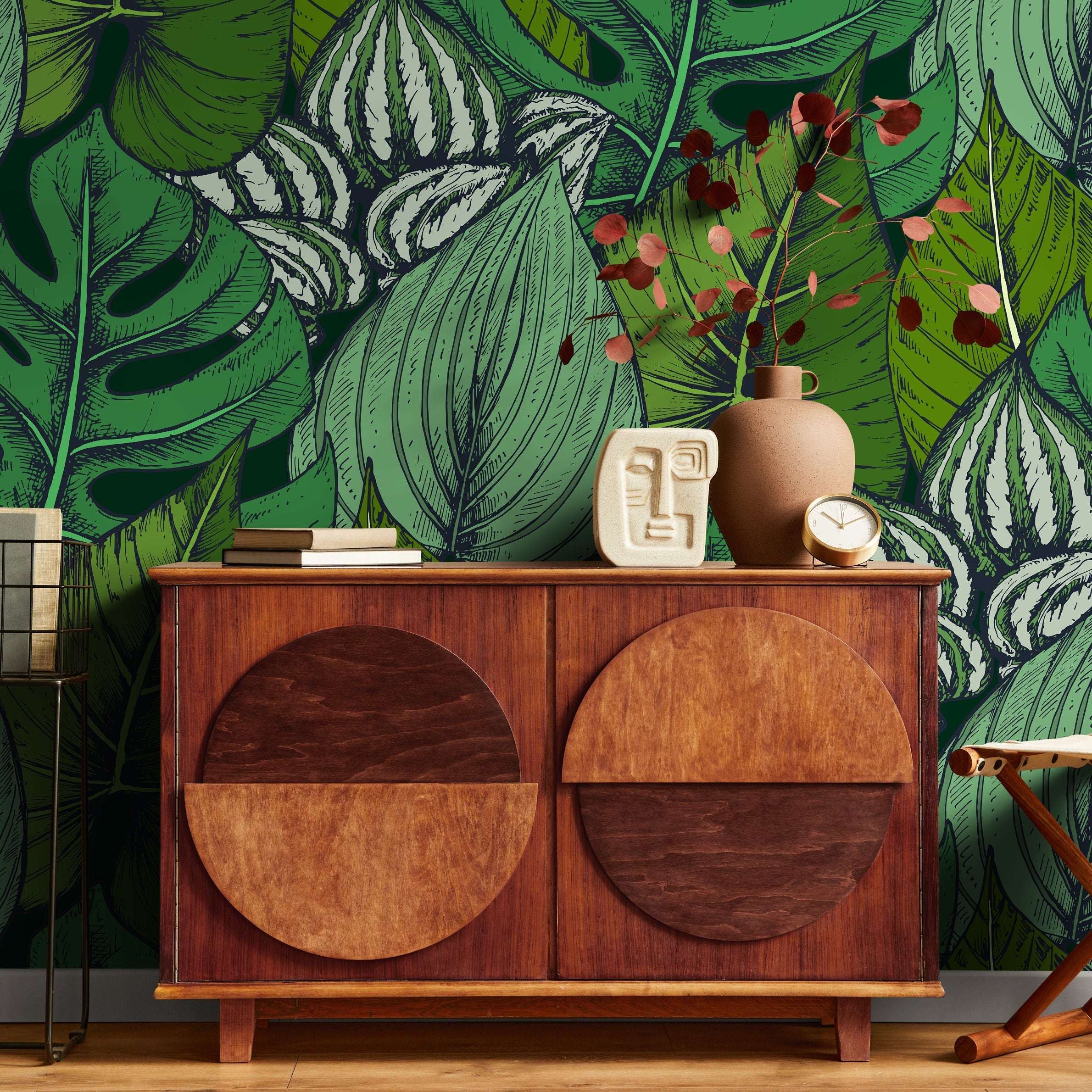 Botanical Wallpaper With A Lush Tropical Leaf Sketch In Green And Black - B390