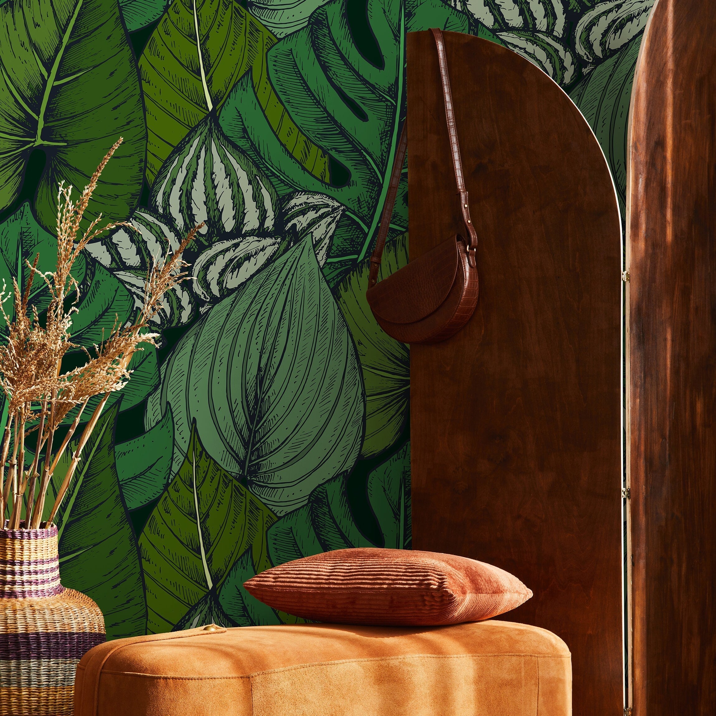 Botanical Wallpaper With A Lush Tropical Leaf Sketch In Green And Black - B390