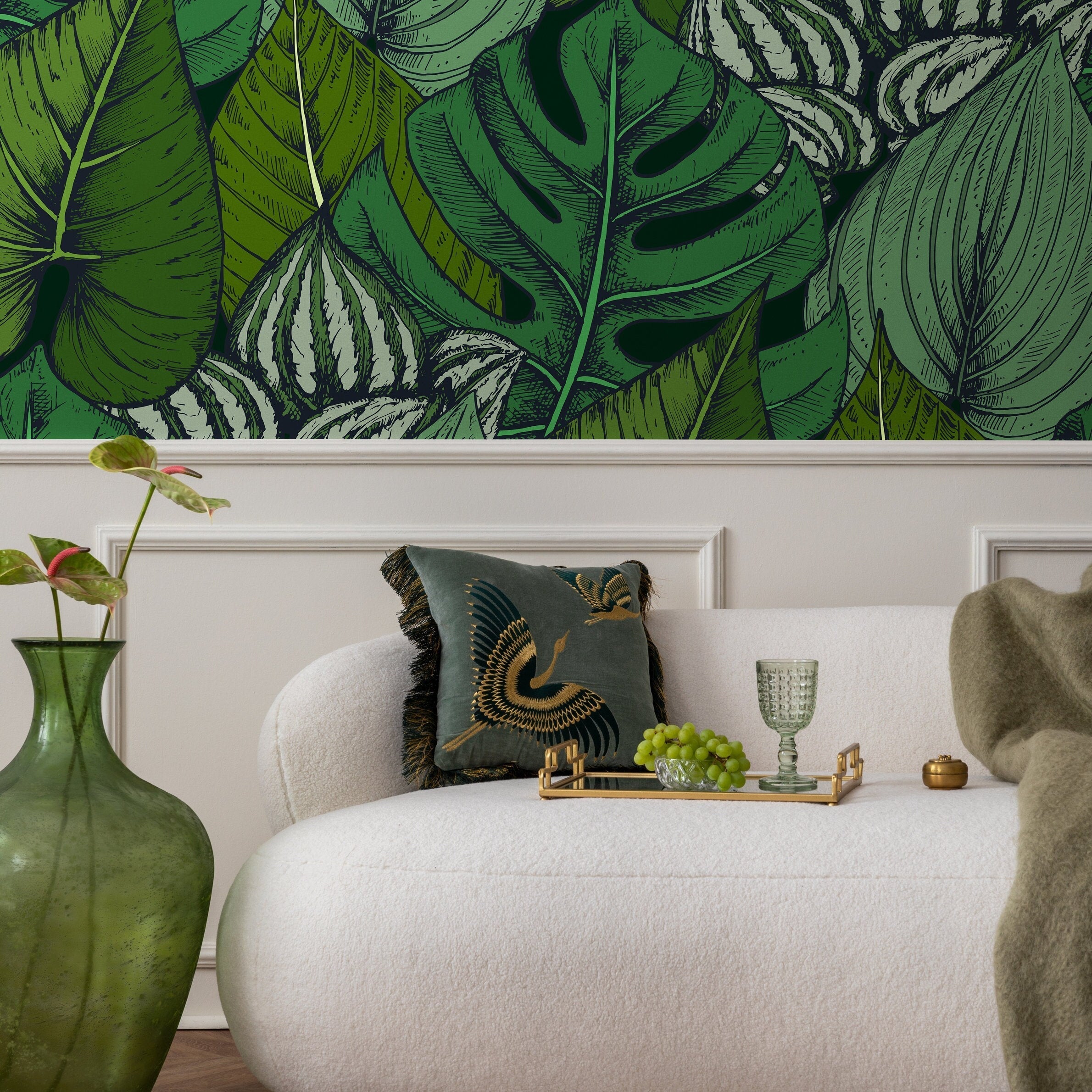 Botanical Wallpaper With A Lush Tropical Leaf Sketch In Green And Black - B390