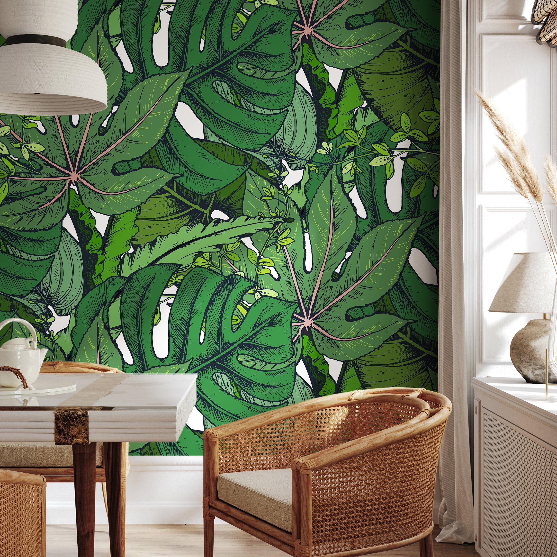 Botanical Wallpaper With Illustrated Tropical Leaves In Green And Black - B394