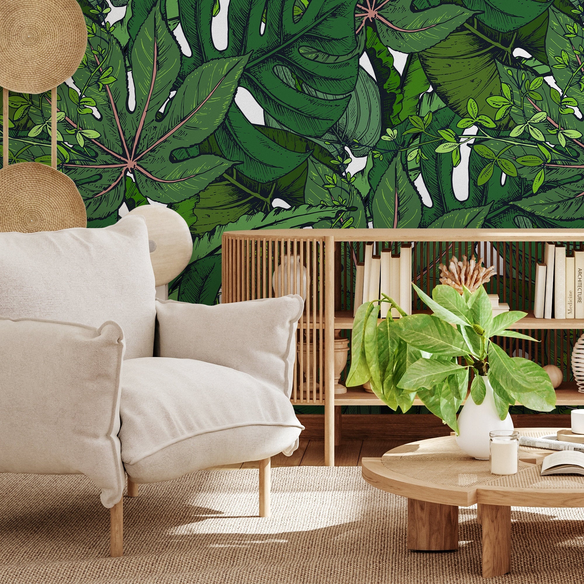 Botanical Wallpaper With Illustrated Tropical Leaves In Green And Black - B394