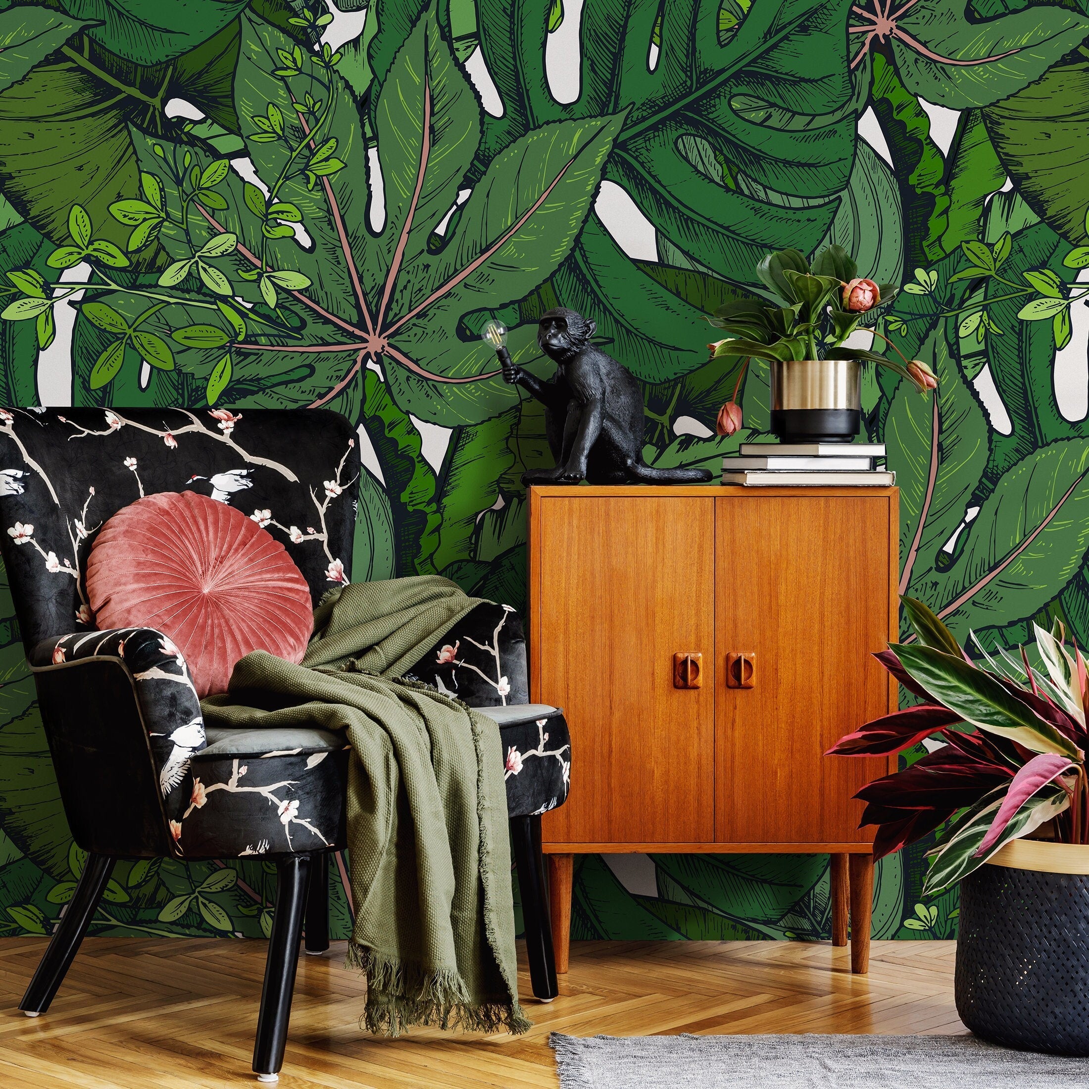 Botanical Wallpaper With Illustrated Tropical Leaves In Green And Black - B394