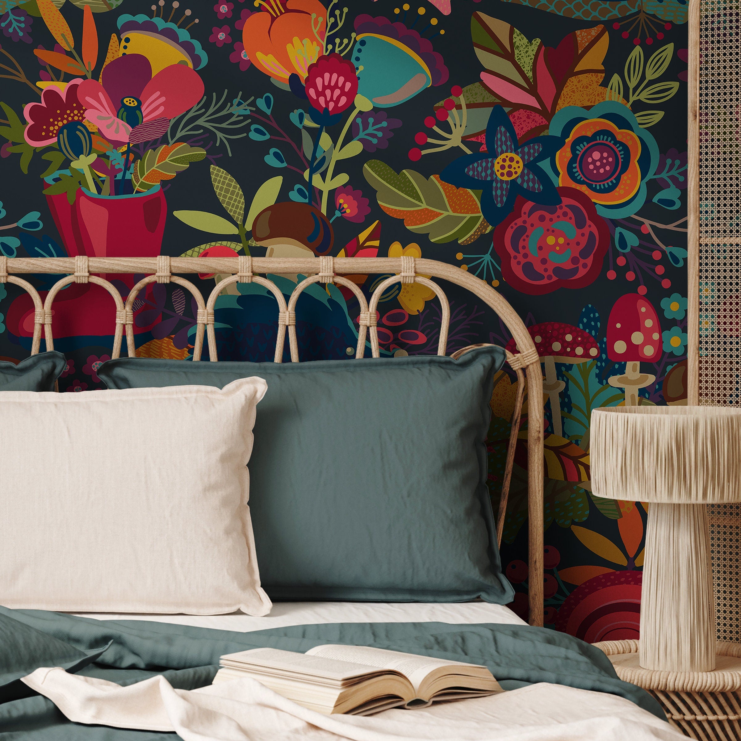Floral Wallpaper With A Whimsical Motif In Red, Teal, And Orange - B399