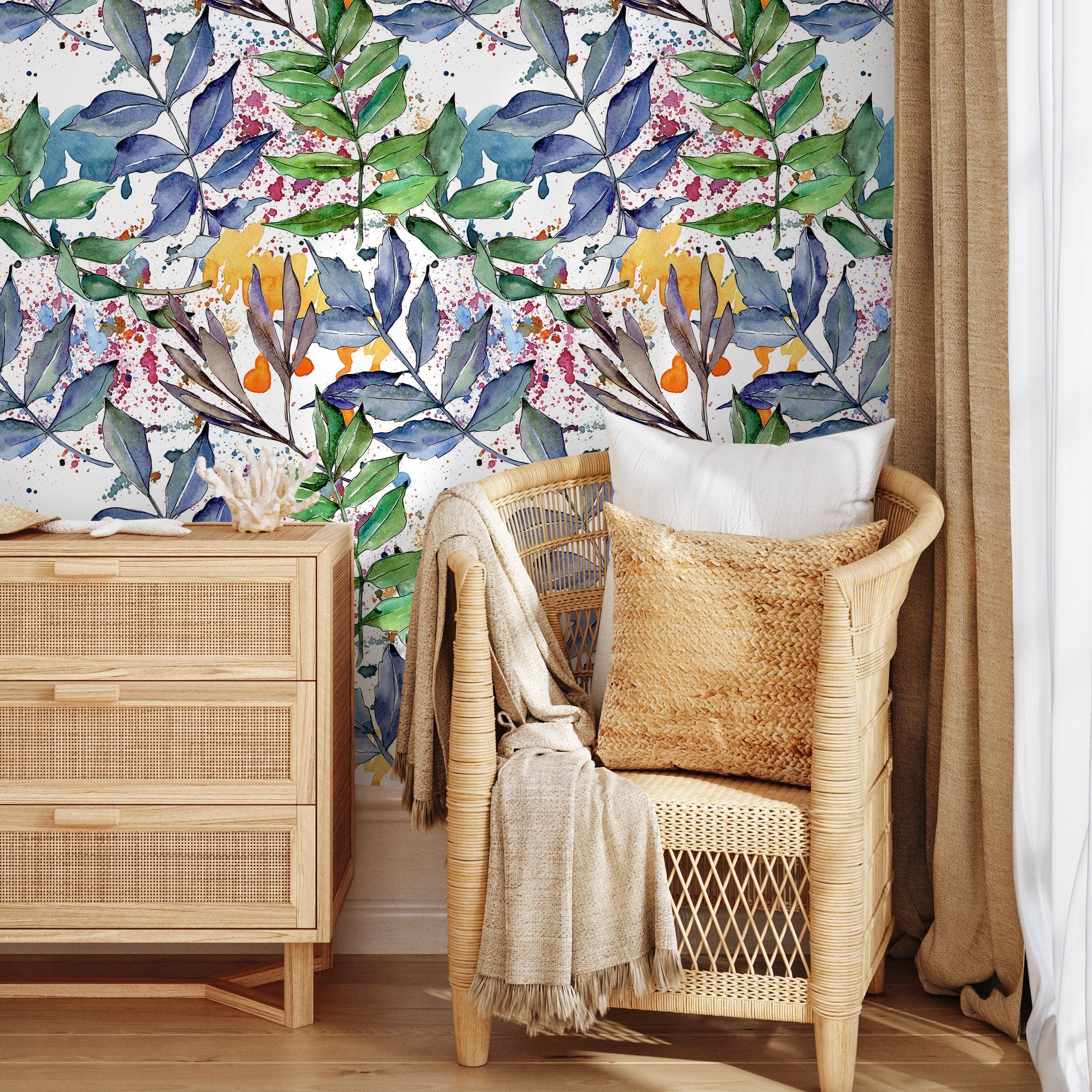 Botanical Wallpaper Featuring Watercolor Branches In Blue, Green, And Pink - B008