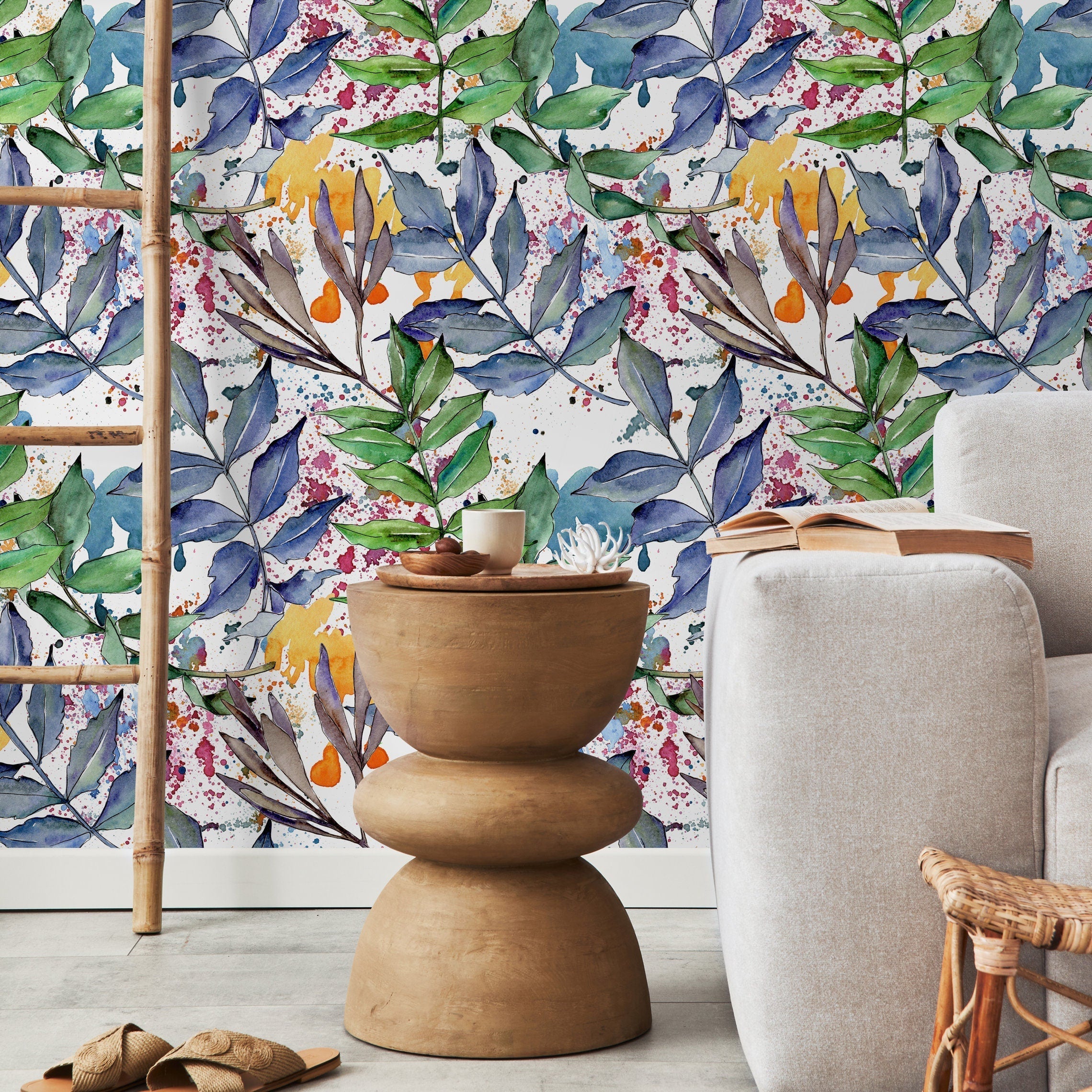 Botanical Wallpaper Featuring Watercolor Branches In Blue, Green, And Pink - B008