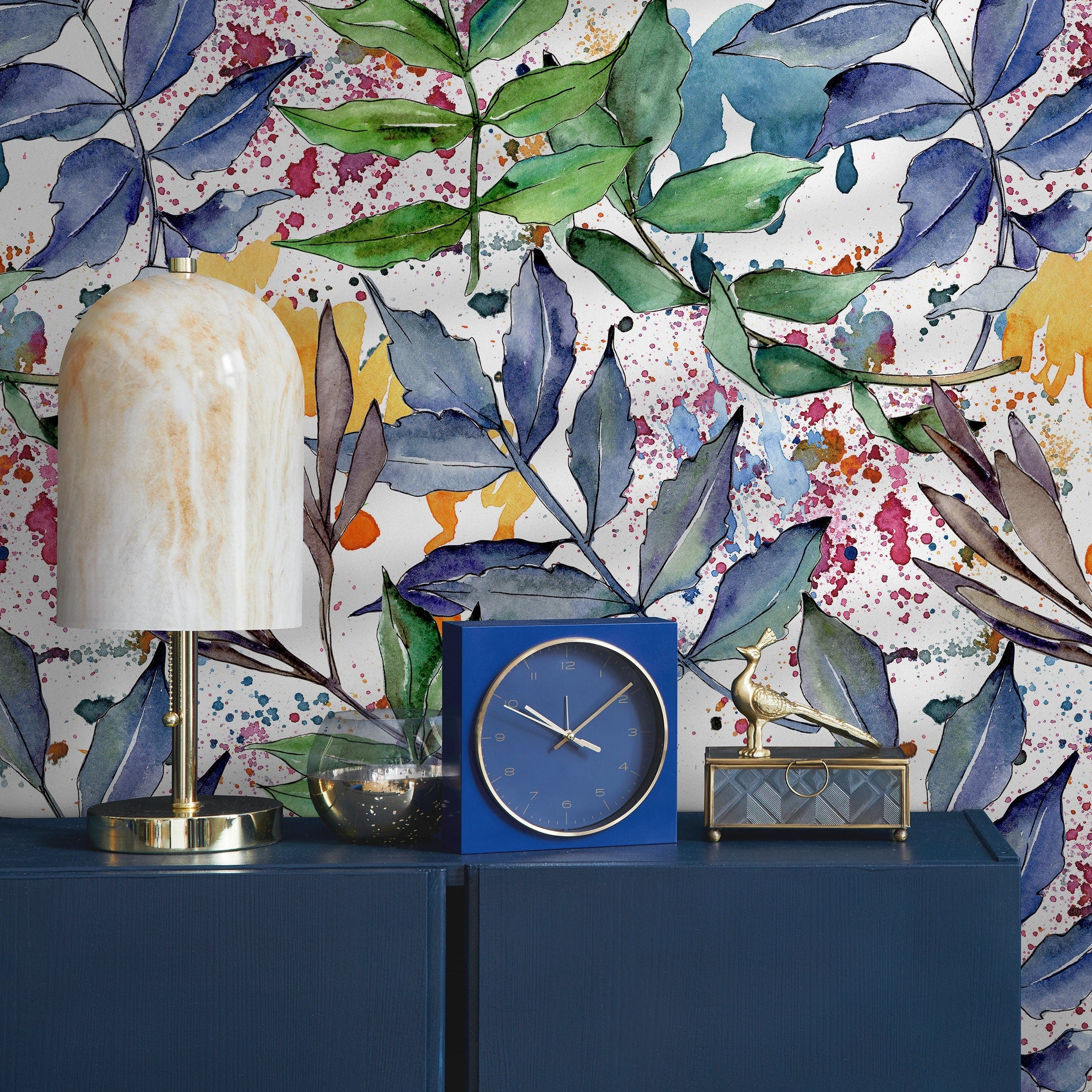 Botanical Wallpaper Featuring Watercolor Branches In Blue, Green, And Pink - B008