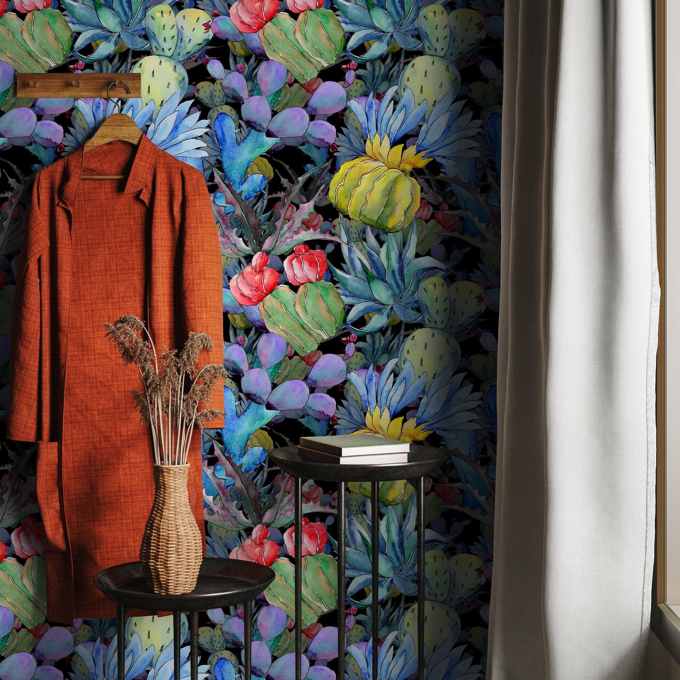 Cactus Wallpaper With A Watercolor Succulent Motif In Blue, Green, And Purple - B009