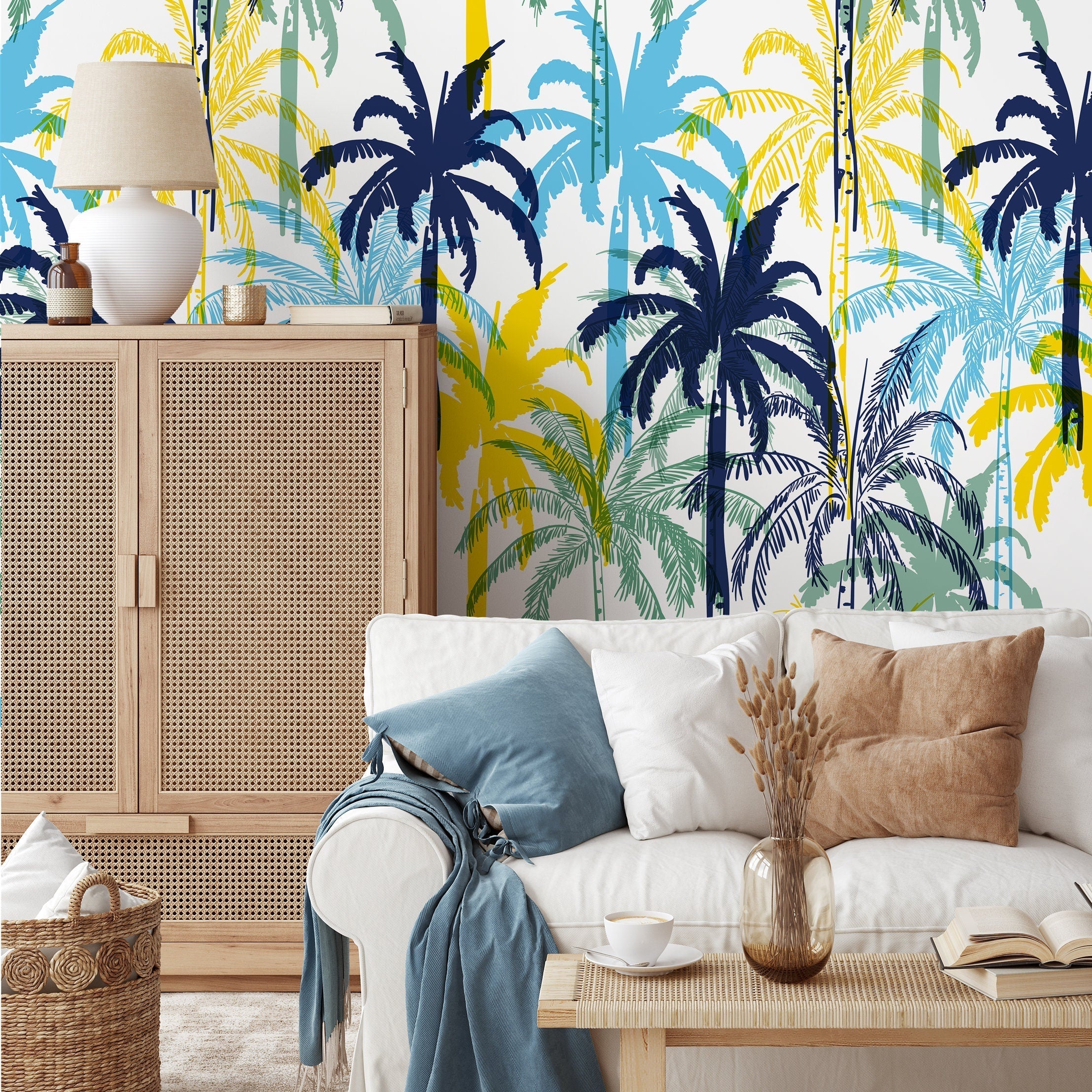 Tropical Wallpaper With Stylized Palm Trees In Blue, Yellow, And Green - B012