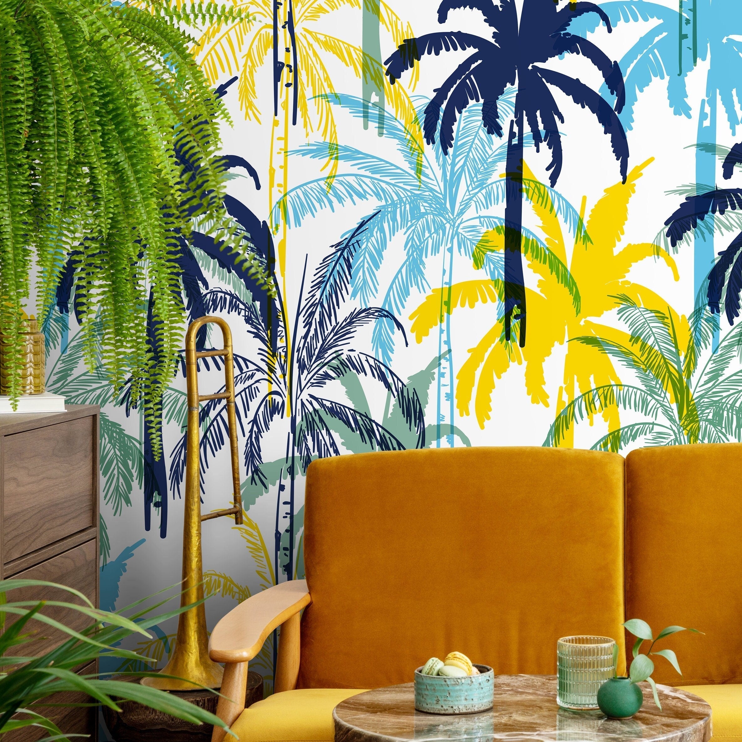 Tropical Wallpaper With Stylized Palm Trees In Blue, Yellow, And Green - B012
