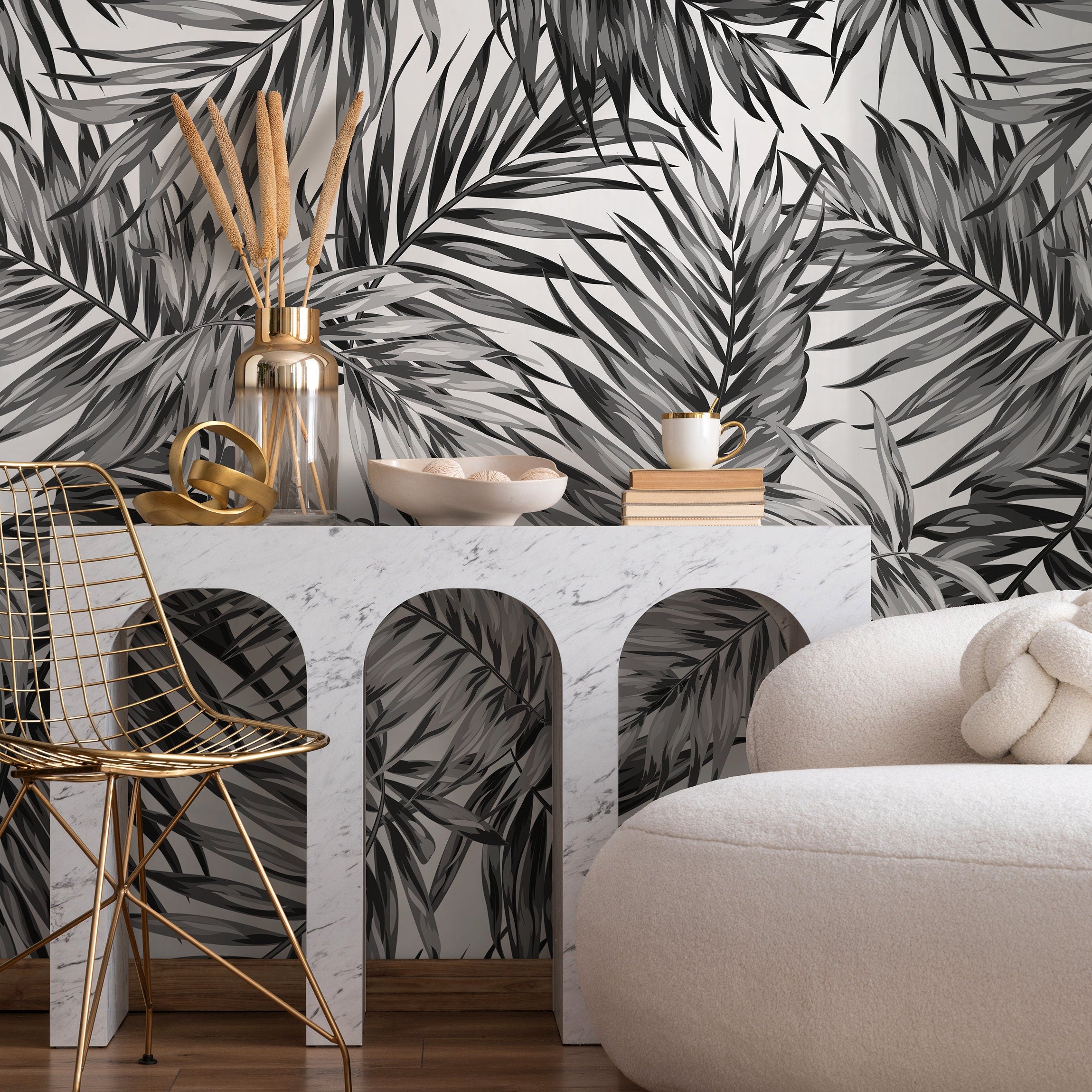 Botanical Wallpaper With Overlapping Palm Leaves In Black And Grey - B031