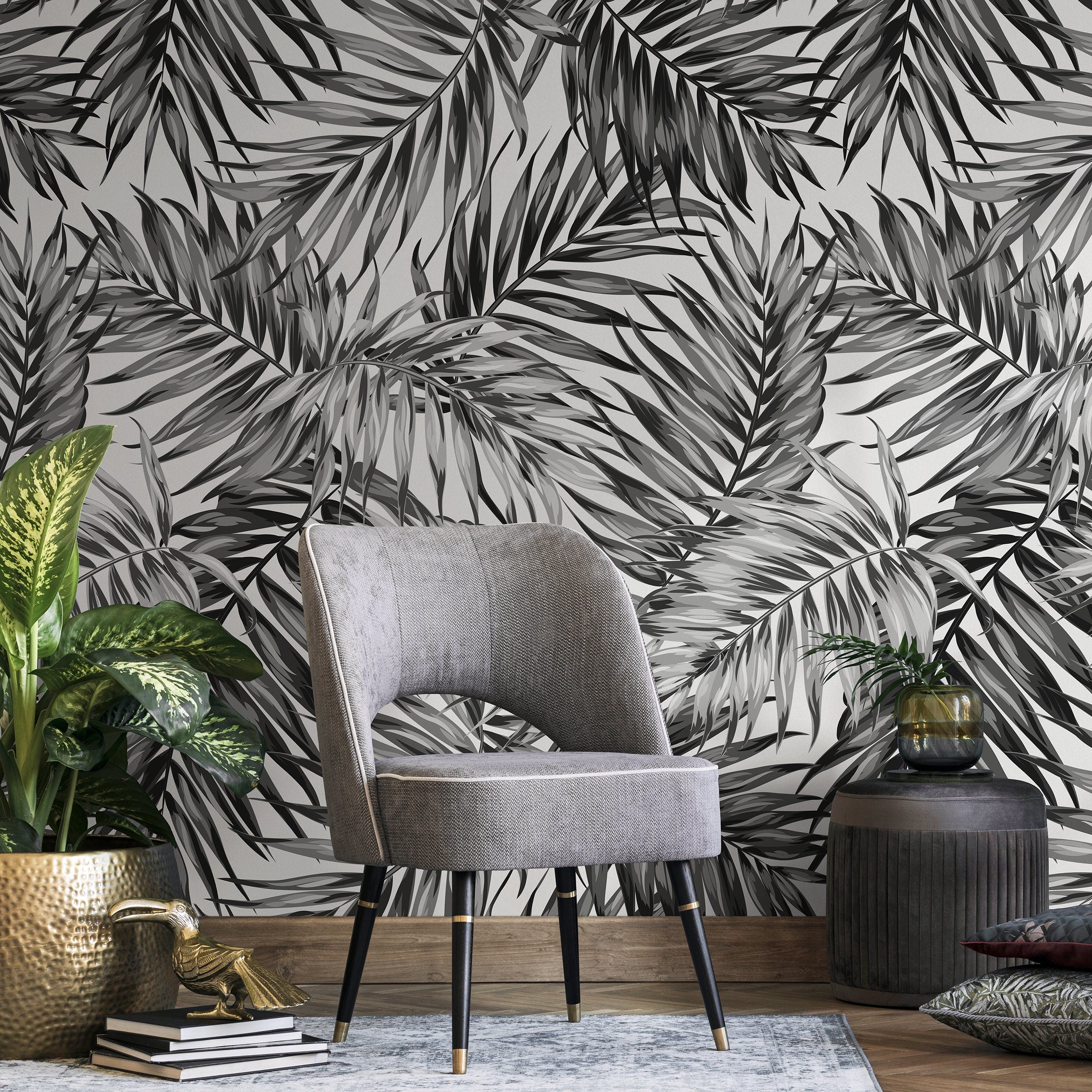 Botanical Wallpaper With Overlapping Palm Leaves In Black And Grey - B031