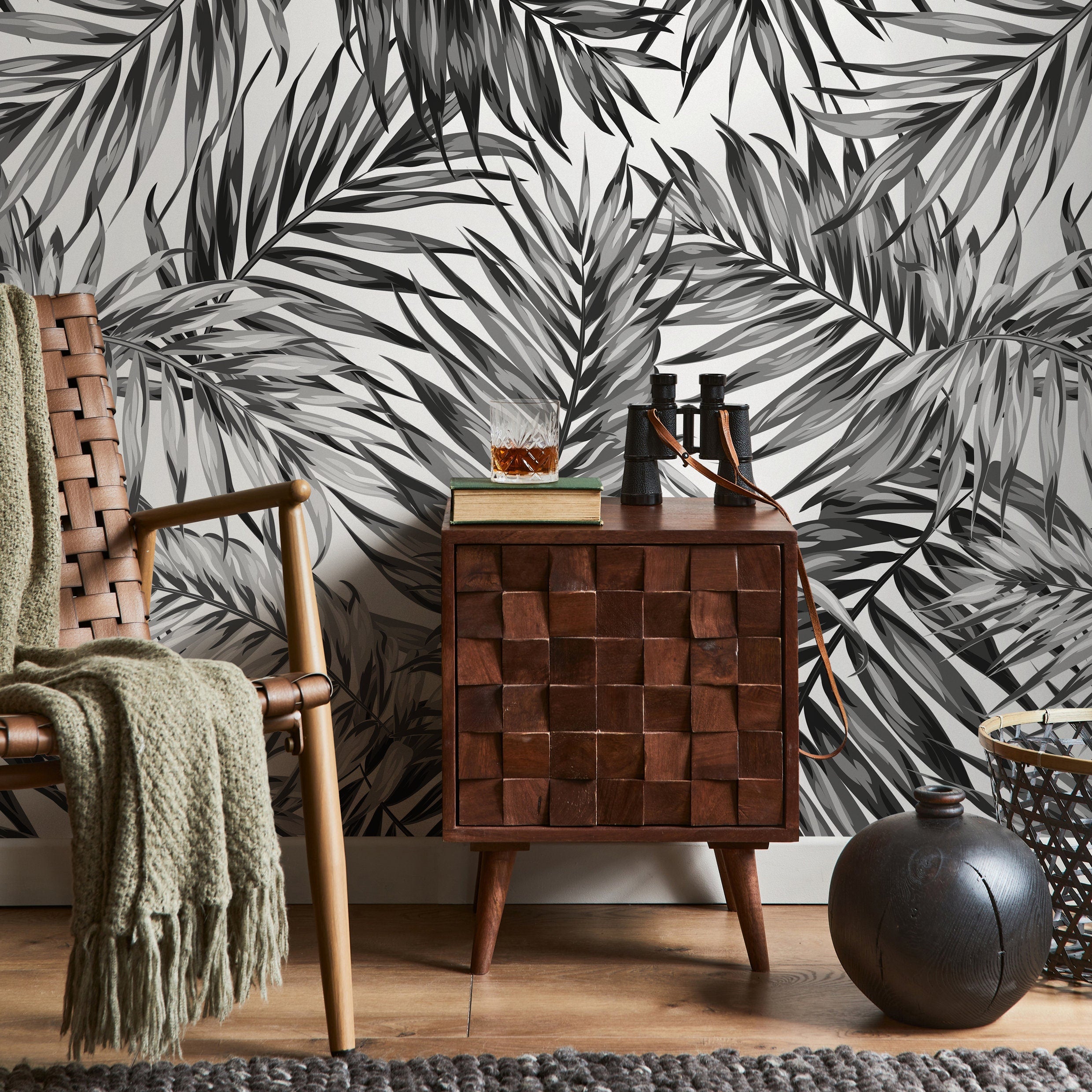 Botanical Wallpaper With Overlapping Palm Leaves In Black And Grey - B031