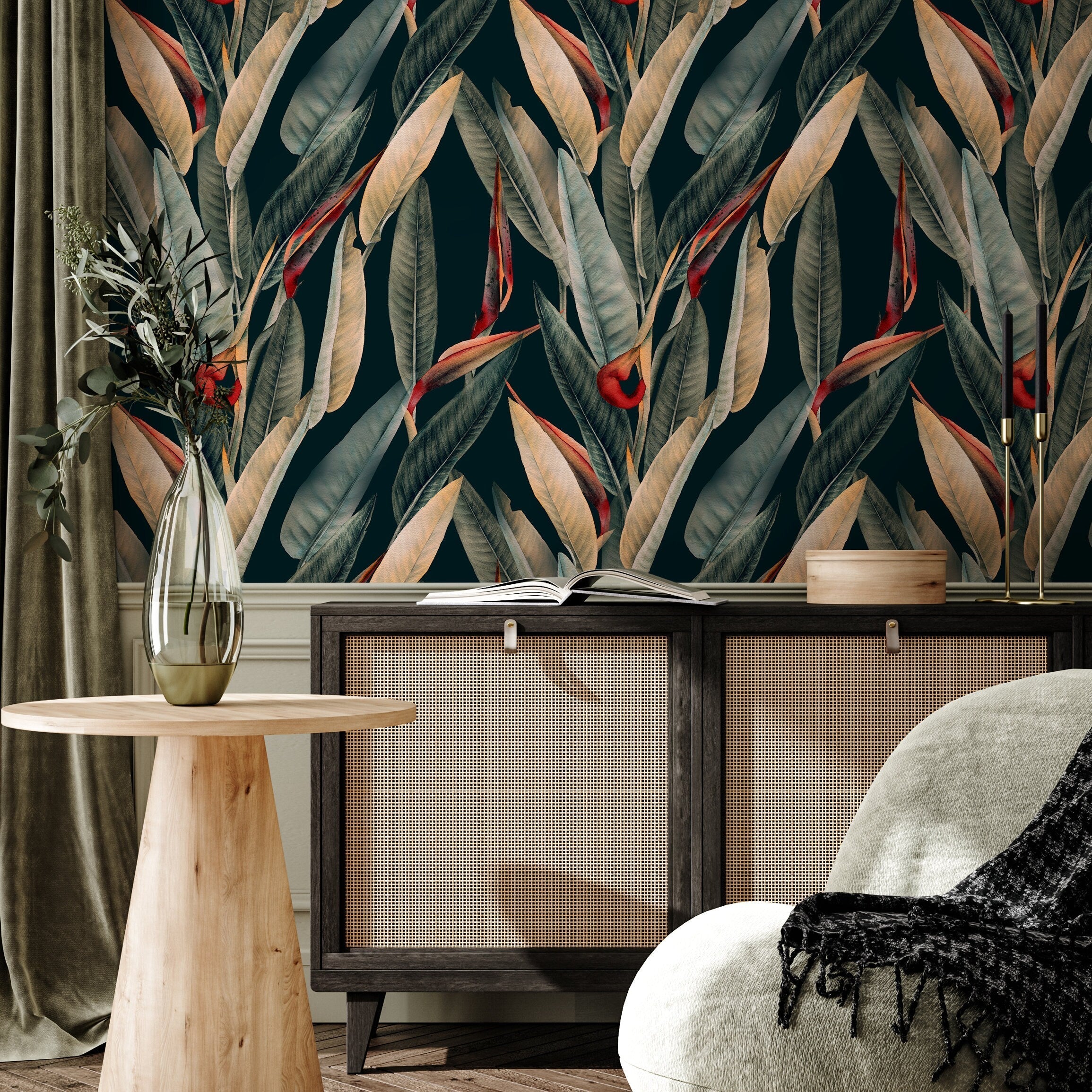 Botanical Wallpaper With Bird Of Paradise Leaves In Dark Green, Beige, And Red - B036