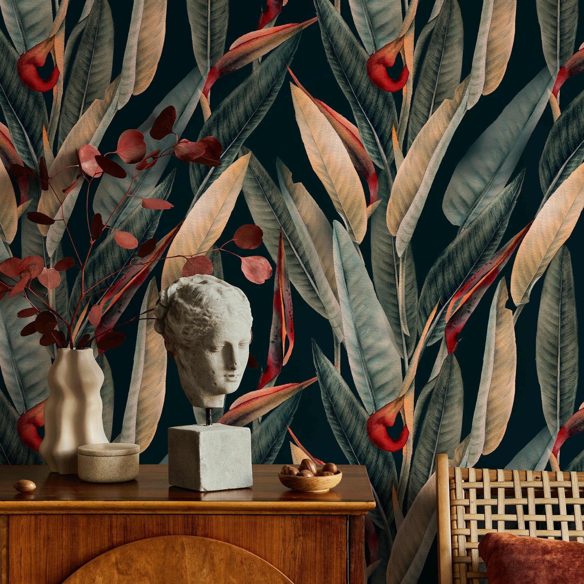 Botanical Wallpaper With Bird Of Paradise Leaves In Dark Green, Beige, And Red - B036